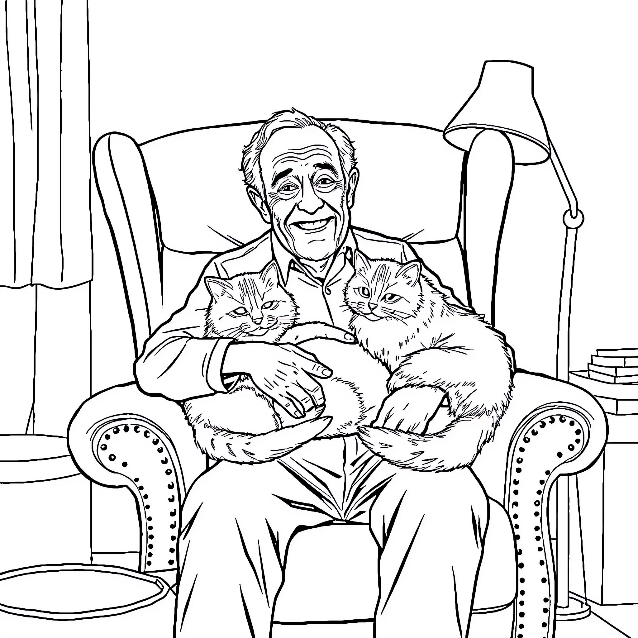 Man enjoying the company of his pet cats Coloring Page (free black-and-white line drawing printable PDF for all, from beginners to advanced learners, including children, teens, adults, and seniors)