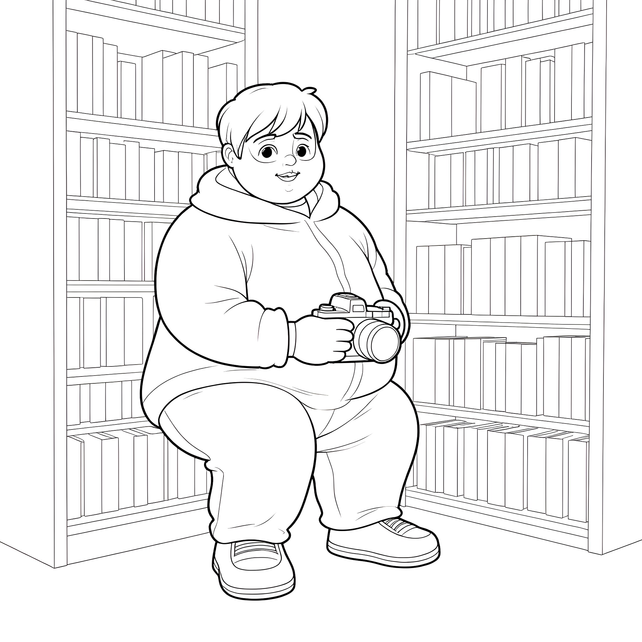Photographer sits in library surrounded by bookshelves Coloring Page (free black-and-white line drawing printable PDF for all, from beginners to advanced learners, including children, teens, adults, and seniors)