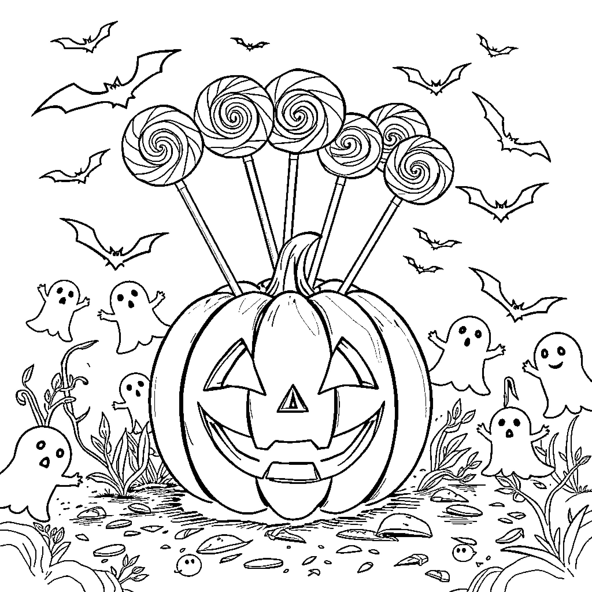 Jack-o'-lantern surrounded by ghostly sweets and bats Coloring Page (free black-and-white line drawing printable PDF for all, from beginners to advanced learners, including children, teens, adults, and seniors)