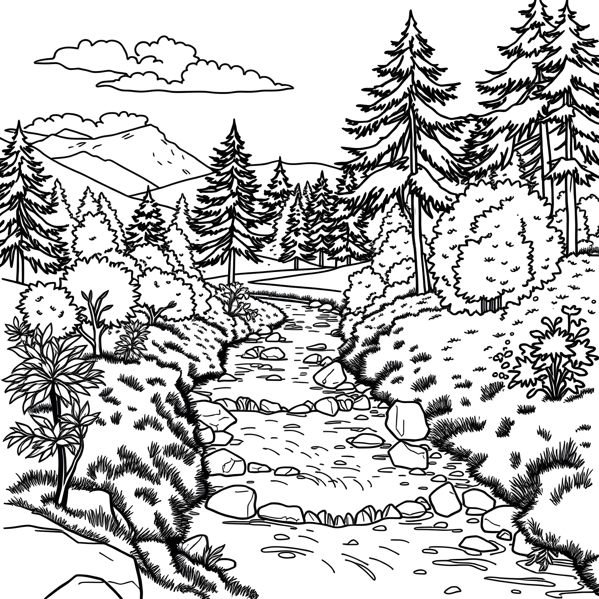 Outdoor Nature Landscape with Lush Vegetation Coloring Page (free black-and-white line drawing printable PDF for all, from beginners to advanced learners, including children, teens, adults, and seniors)