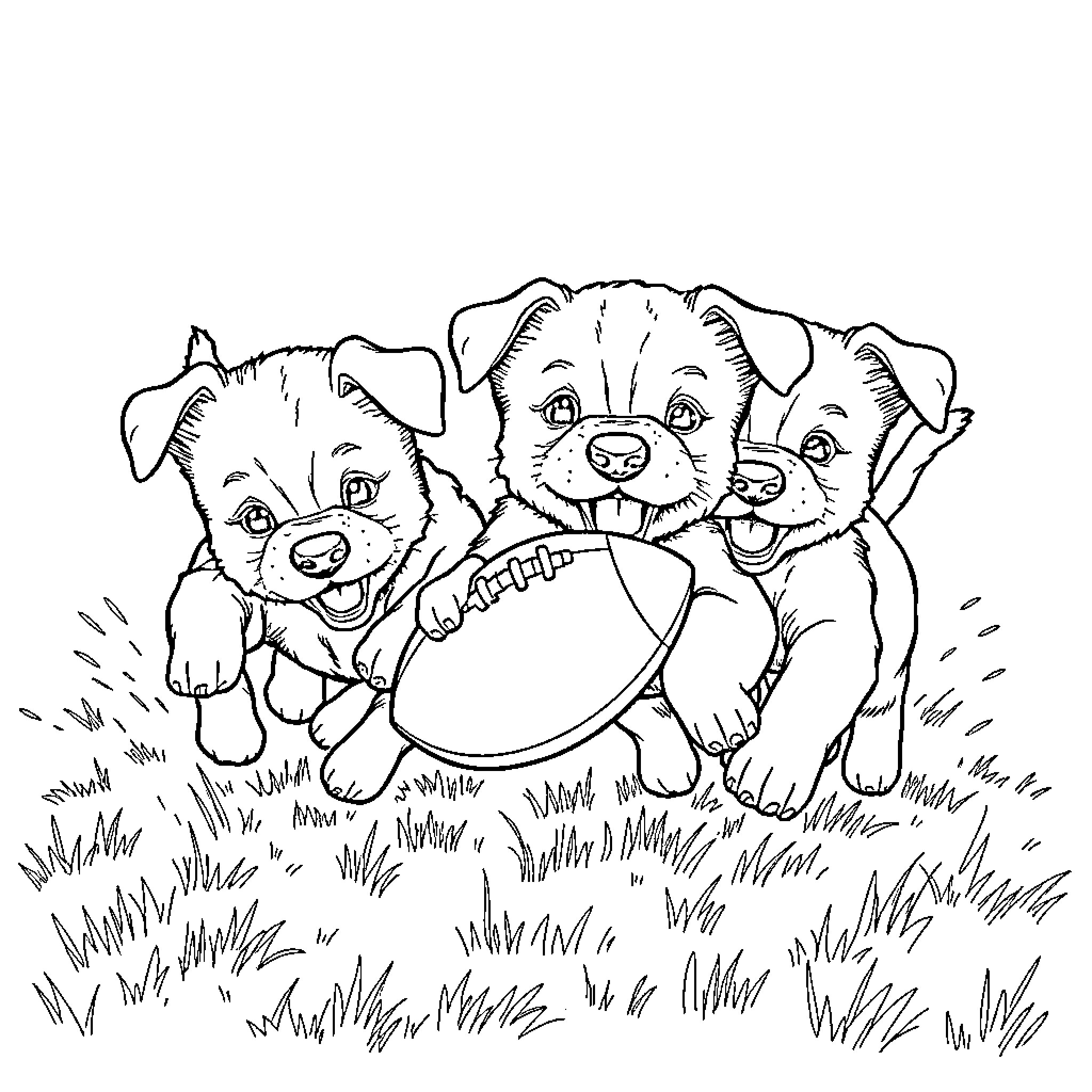 Puppies playing with football in the yard Coloring Page (free black-and-white line drawing printable PDF for all, from beginners to advanced learners, including children, teens, adults, and seniors)