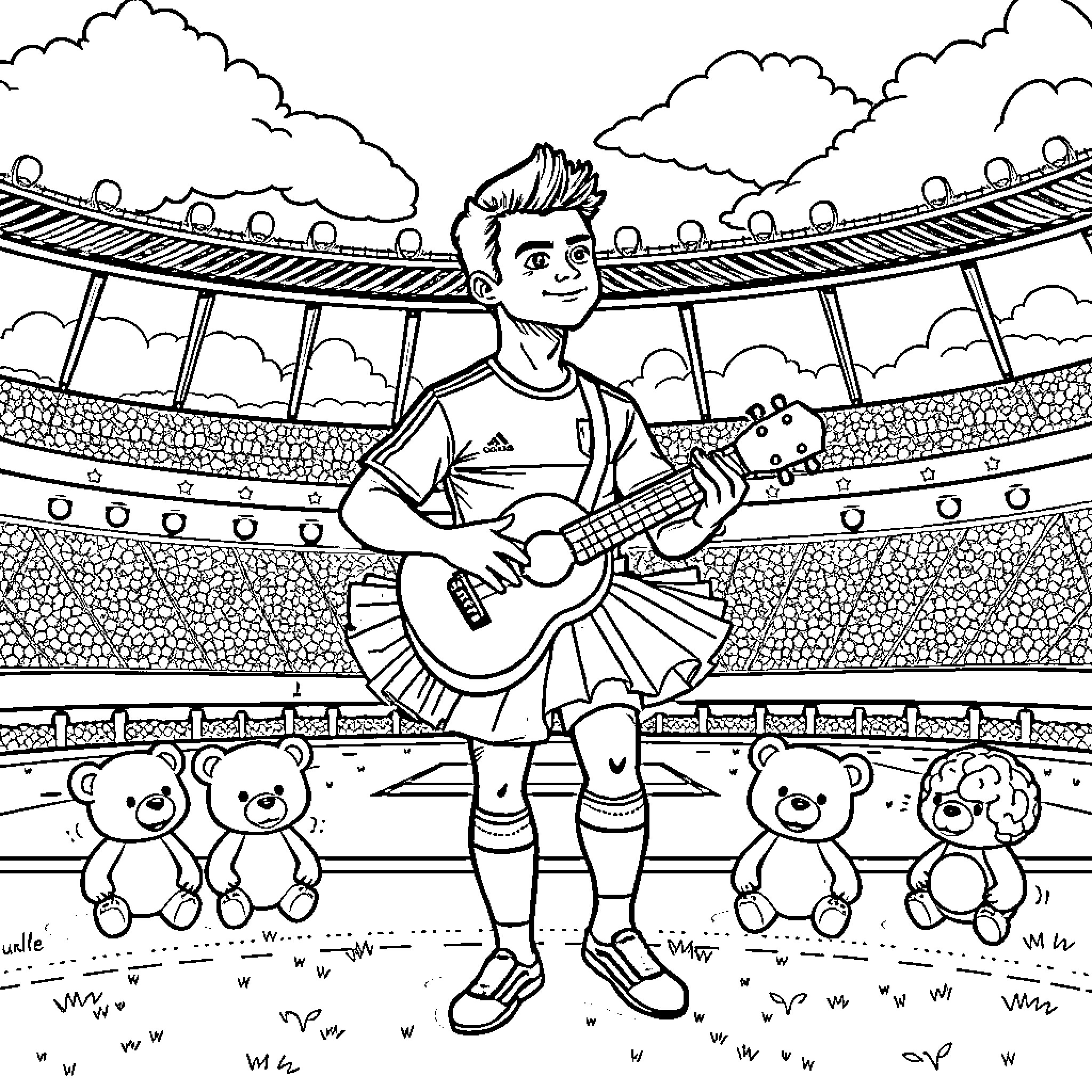 Ronaldo performing on stage with teddy bears Coloring Page (free black-and-white line drawing printable PDF for all, from beginners to advanced learners, including children, teens, adults, and seniors)