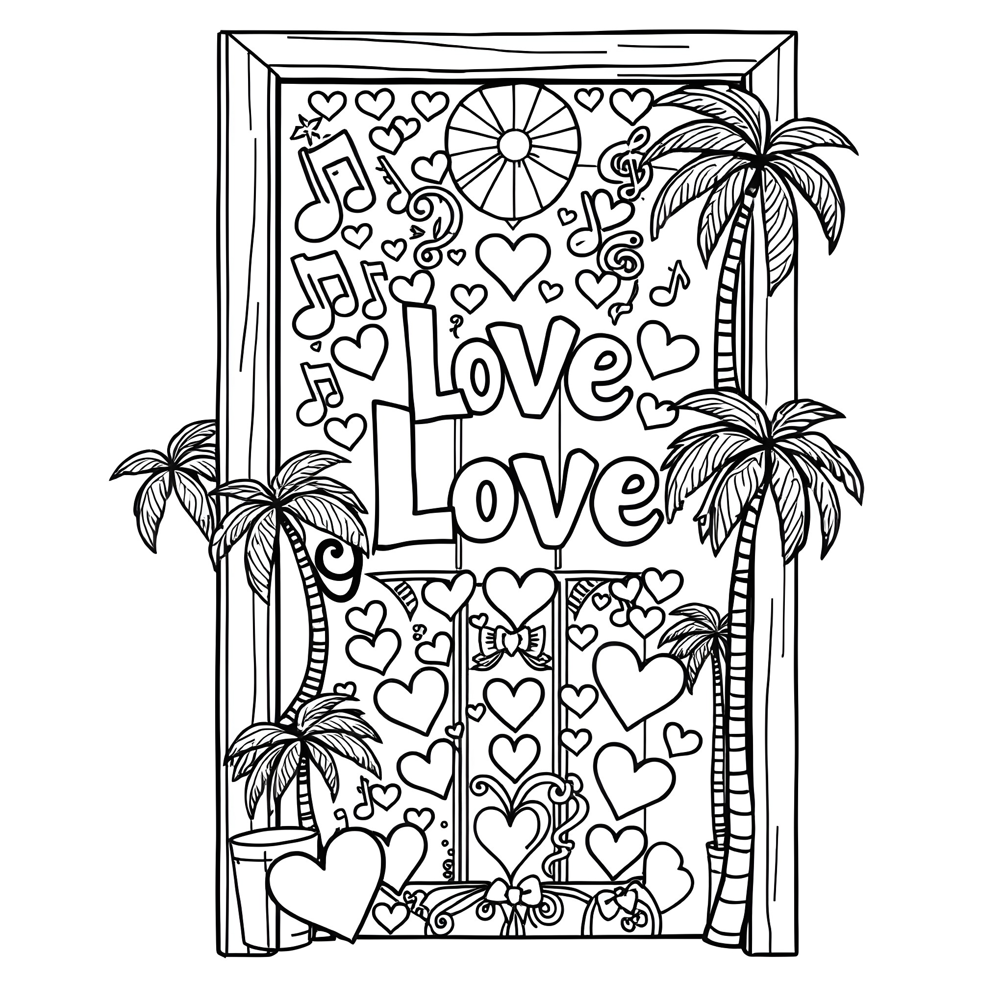 Door Sign with Hearts, Music Notes, and Palm Trees Coloring Page (free black-and-white line drawing printable PDF for all, from beginners to advanced learners, including children, teens, adults, and seniors)