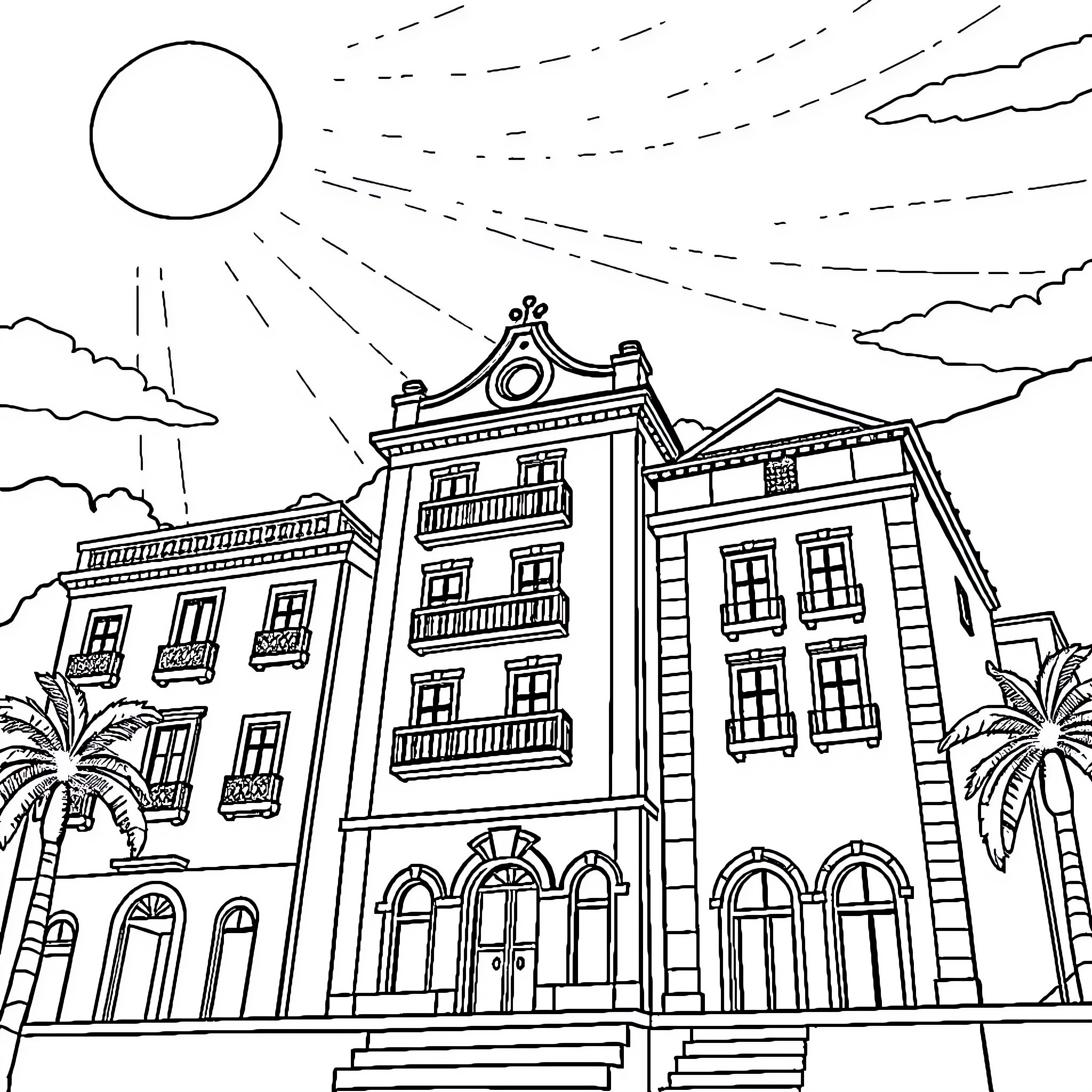 Brume of grand ornate buildings under clouded skies Coloring Page (free black-and-white line drawing printable PDF for all, from beginners to advanced learners, including children, teens, adults, and seniors)