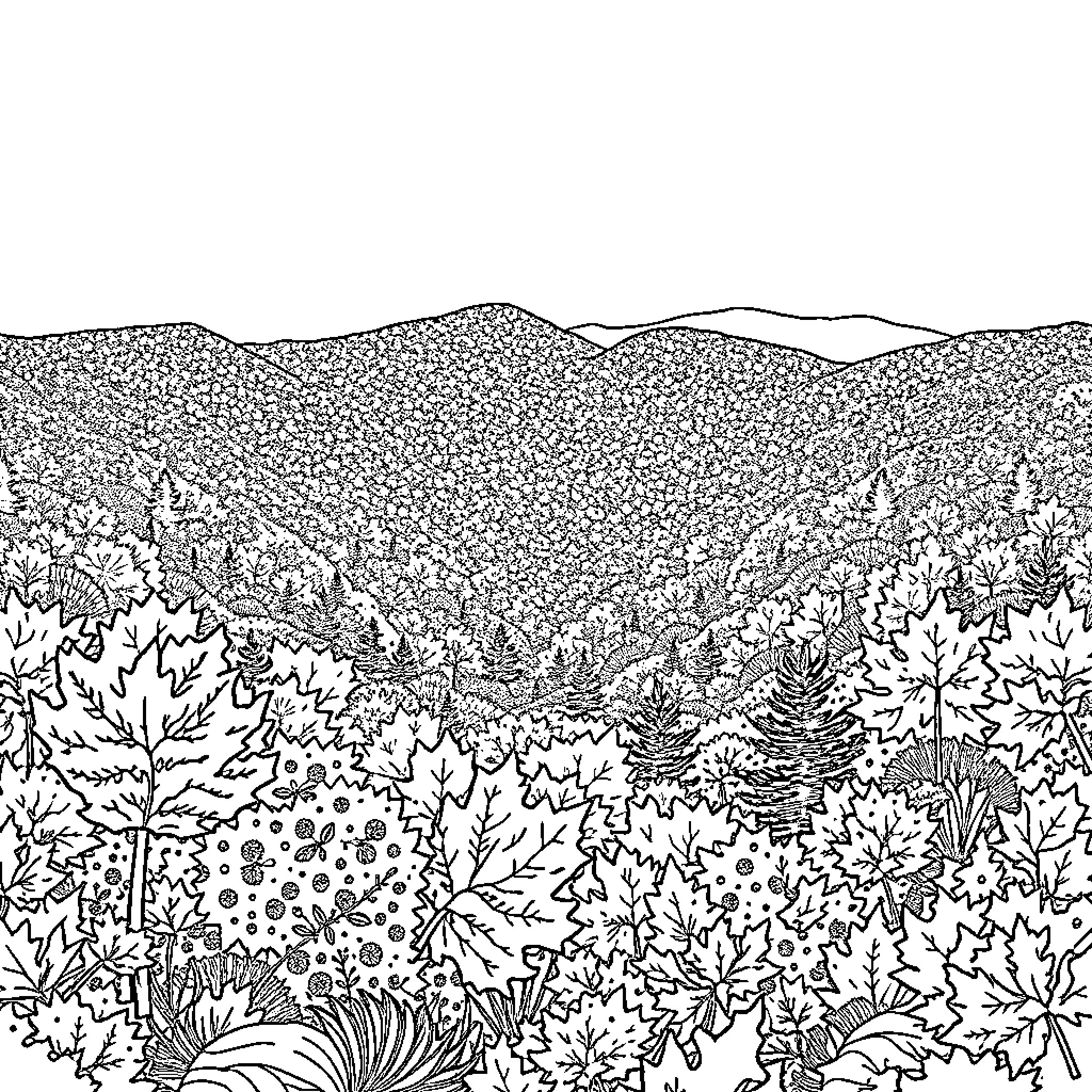 Mountain landscape with detailed foliage Coloring Page (free black-and-white line drawing printable PDF for all, from beginners to advanced learners, including children, teens, adults, and seniors)