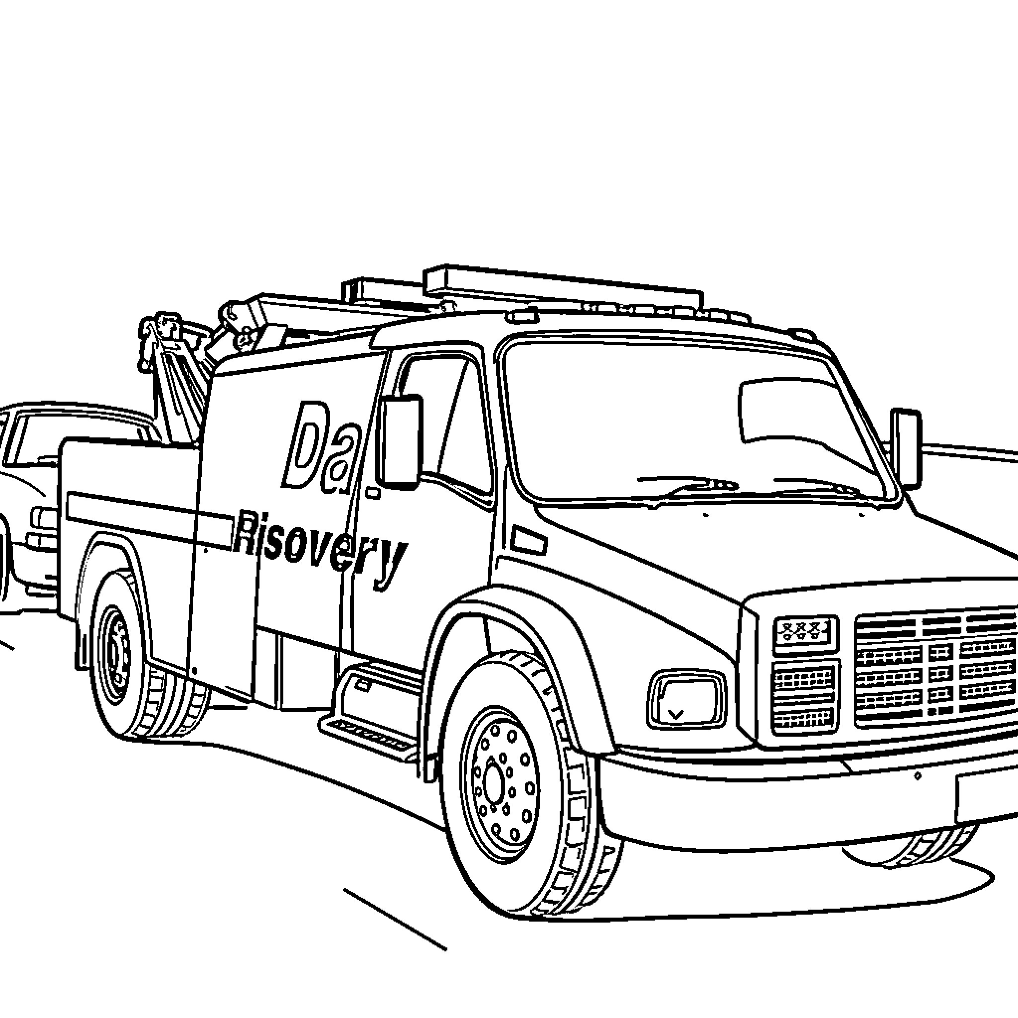 Recovery Truck with Towing Equipment Coloring Page (free black-and-white line drawing printable PDF for all, from beginners to advanced learners, including children, teens, adults, and seniors)