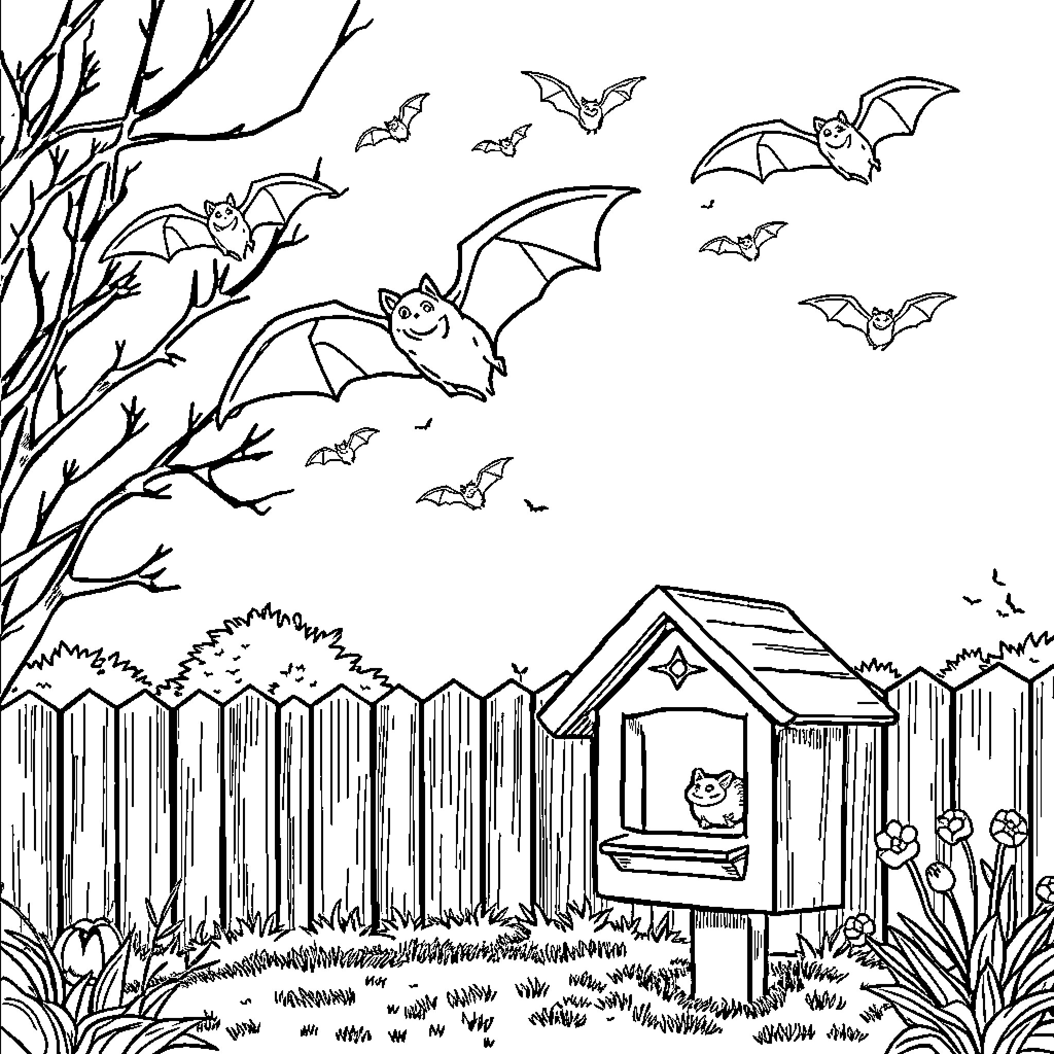 Bat colony flying over a backyard scene Coloring Page (free black-and-white line drawing printable PDF for all, from beginners to advanced learners, including children, teens, adults, and seniors)