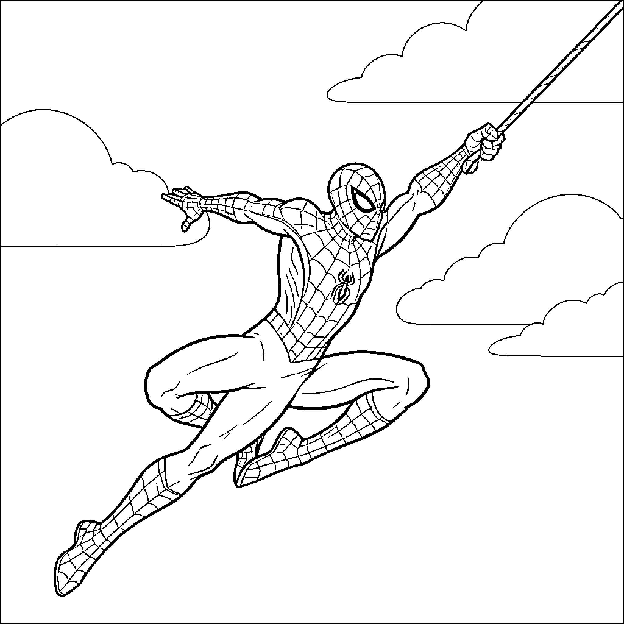 Spiderman swinging through the sky using a web Coloring Page (free black-and-white line drawing printable PDF for all, from beginners to advanced learners, including children, teens, adults, and seniors)
