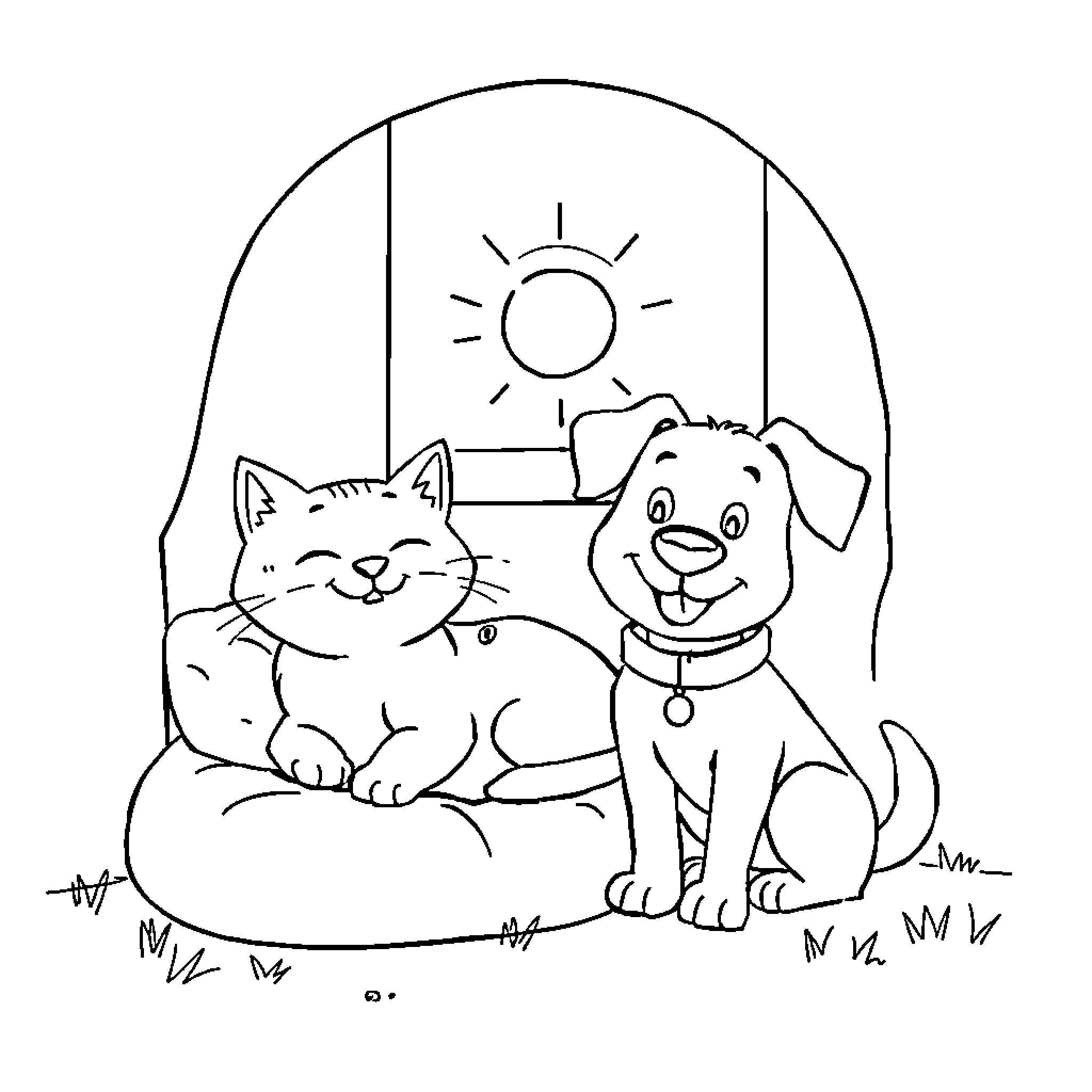 Critter companions relaxing outdoors Coloring Page (free black-and-white line drawing printable PDF for all, from beginners to advanced learners, including children, teens, adults, and seniors)