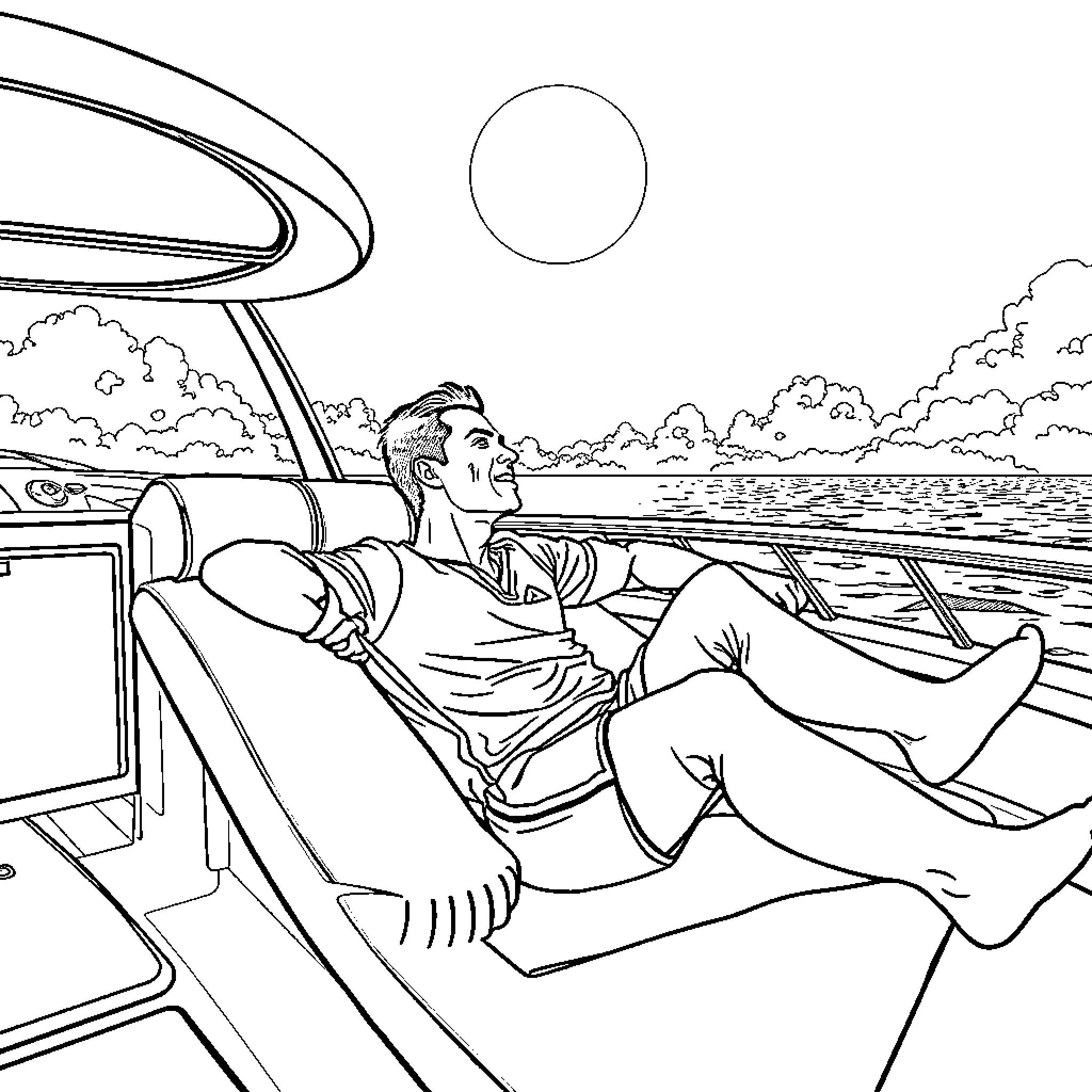 Cristiano Ronaldo relaxing on a boat during a peaceful sunset Coloring Page (free black-and-white line drawing printable PDF for all, from beginners to advanced learners, including children, teens, adults, and seniors)