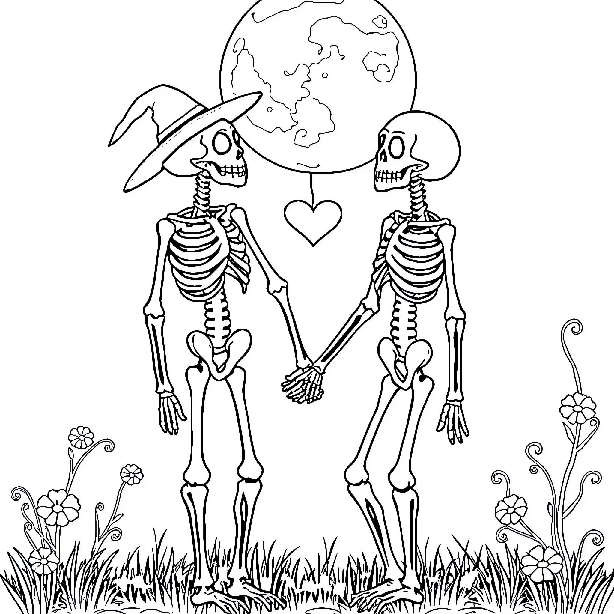 Skeleton Couple Embracing Under the Stars Coloring Page (free black-and-white line drawing printable PDF for all, from beginners to advanced learners, including children, teens, adults, and seniors)