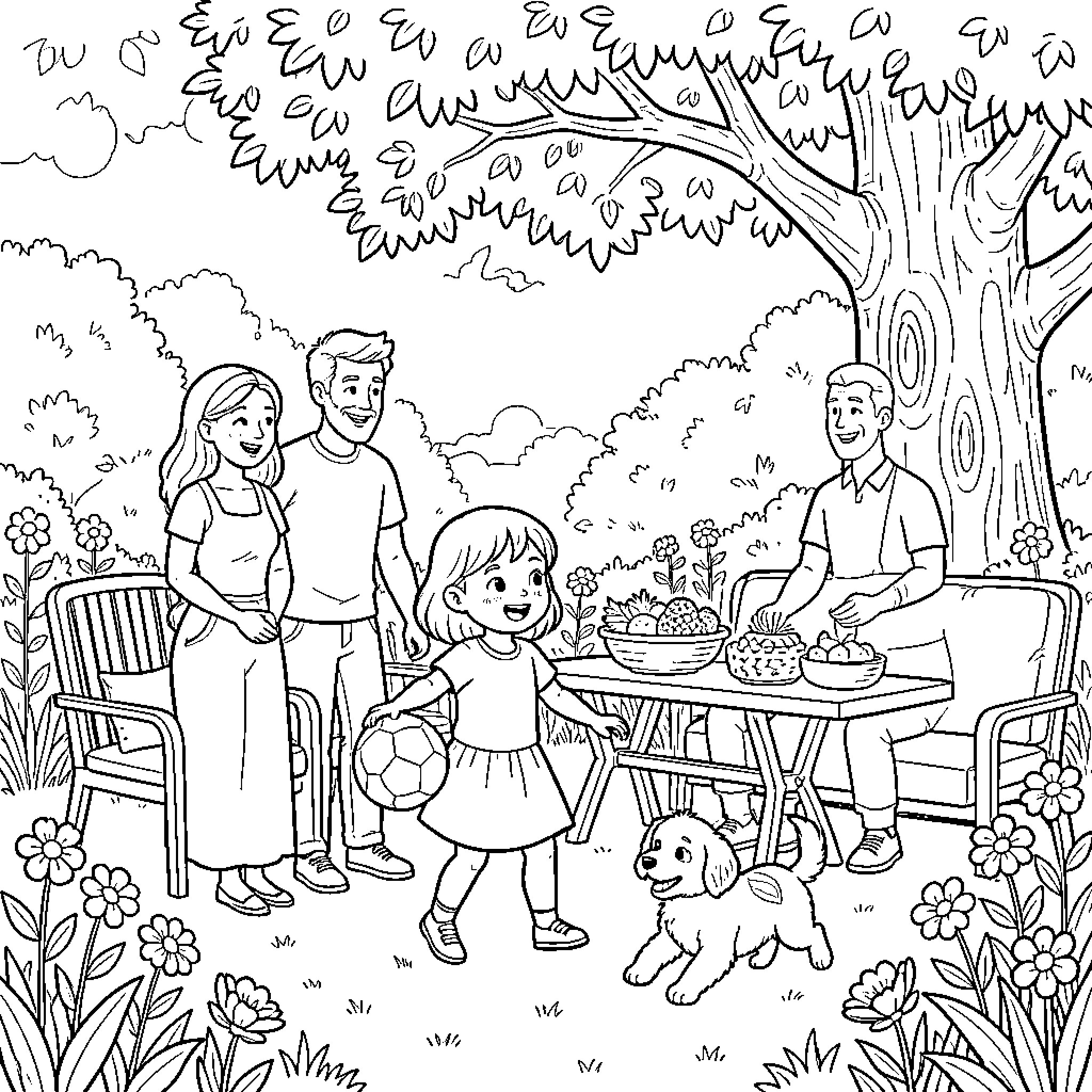 Fille playing with a ball in a park Coloring Page (free black-and-white line drawing printable PDF for all, from beginners to advanced learners, including children, teens, adults, and seniors)