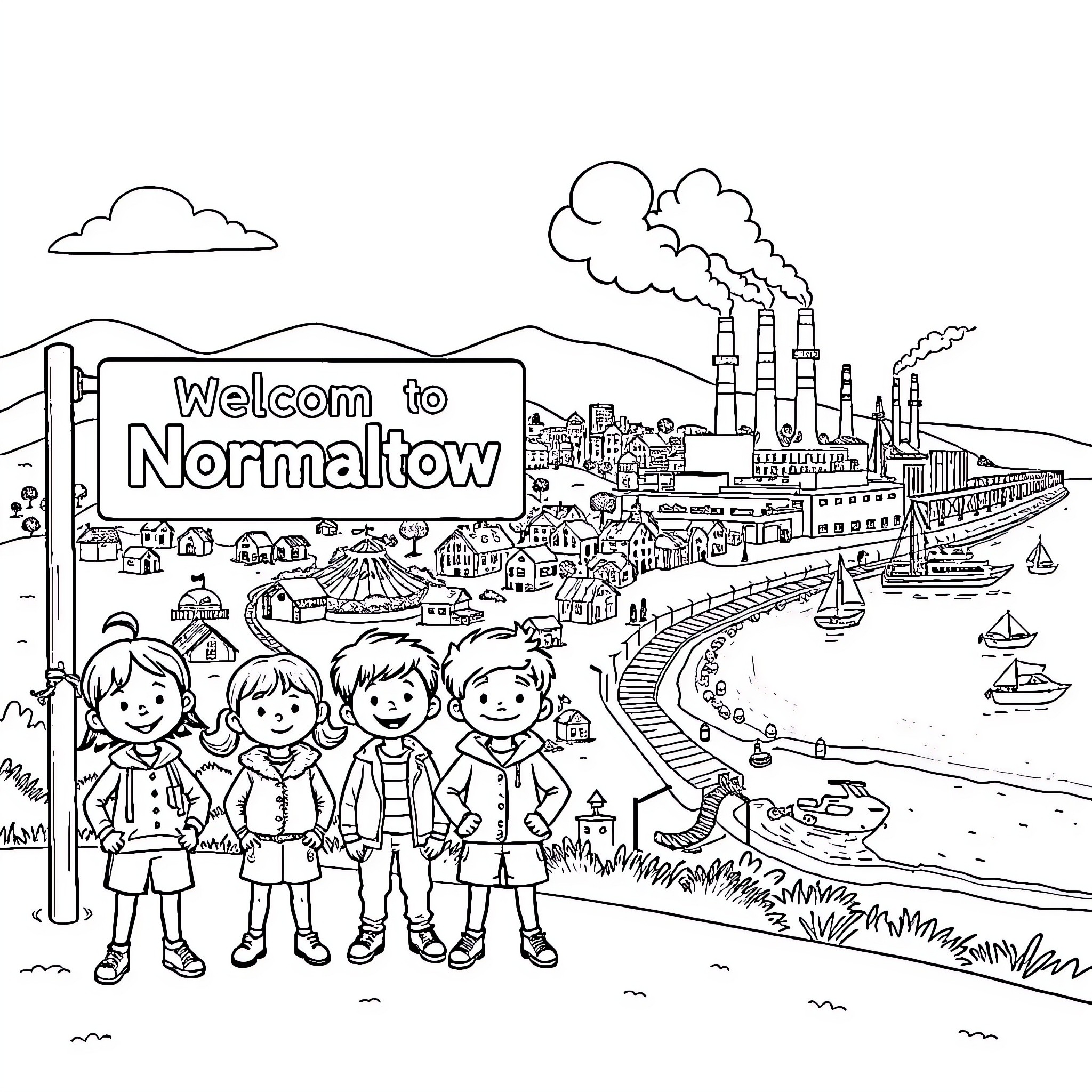 Kid welcoming group to Normaltown Coloring Page (free black-and-white line drawing printable PDF for all, from beginners to advanced learners, including children, teens, adults, and seniors)