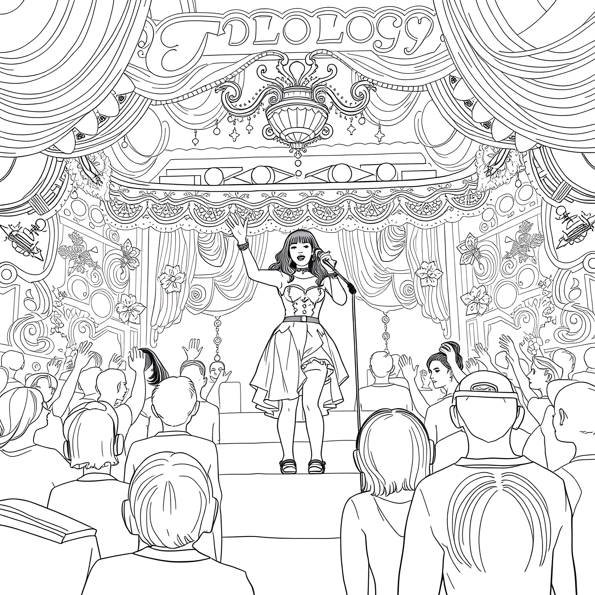 Melanie Martinez performing on stage in a theatrical setting Coloring Page (free black-and-white line drawing printable PDF for all, from beginners to advanced learners, including children, teens, adults, and seniors)
