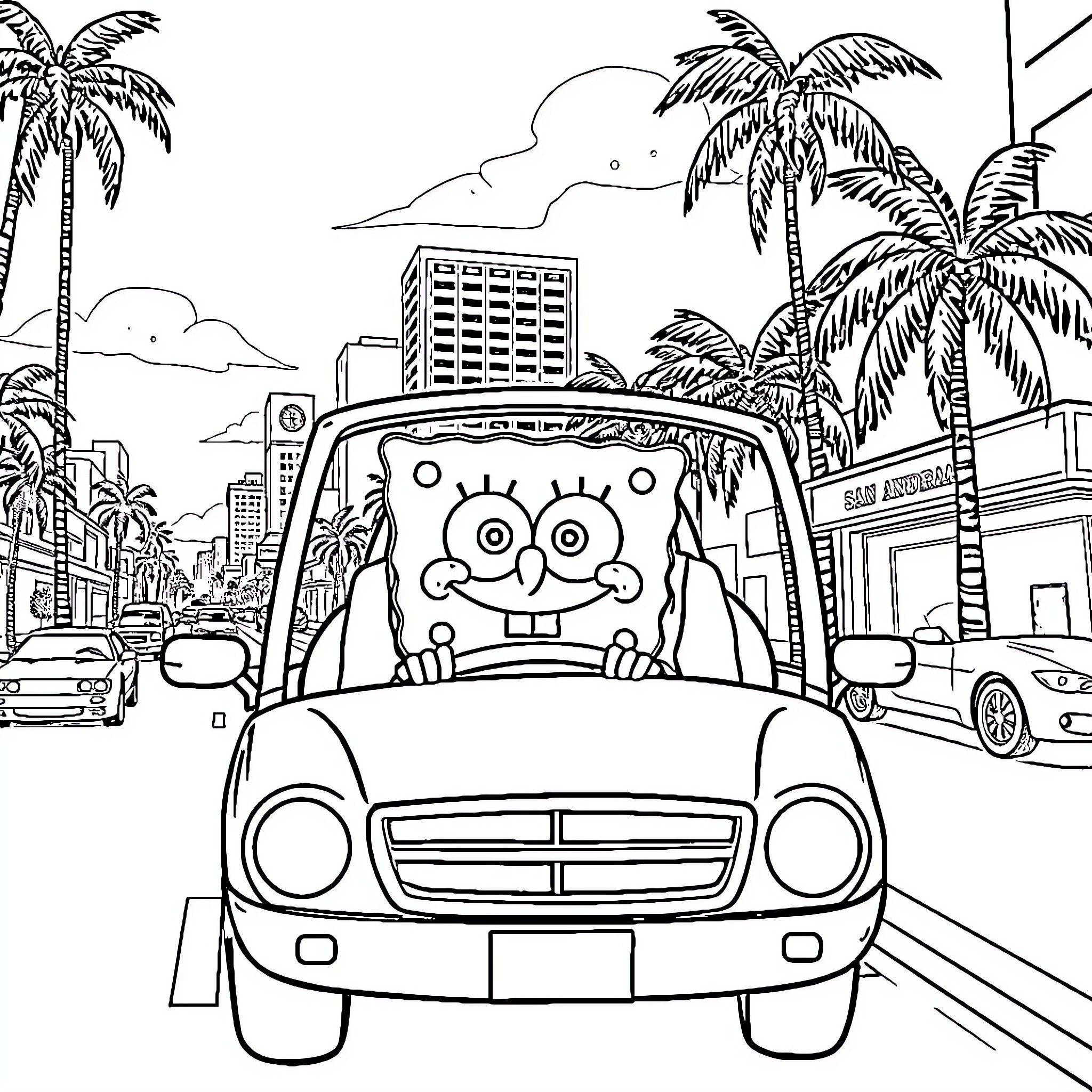 Spongebob driving in the city streets Coloring Page (free black-and-white line drawing printable PDF for all, from beginners to advanced learners, including children, teens, adults, and seniors)