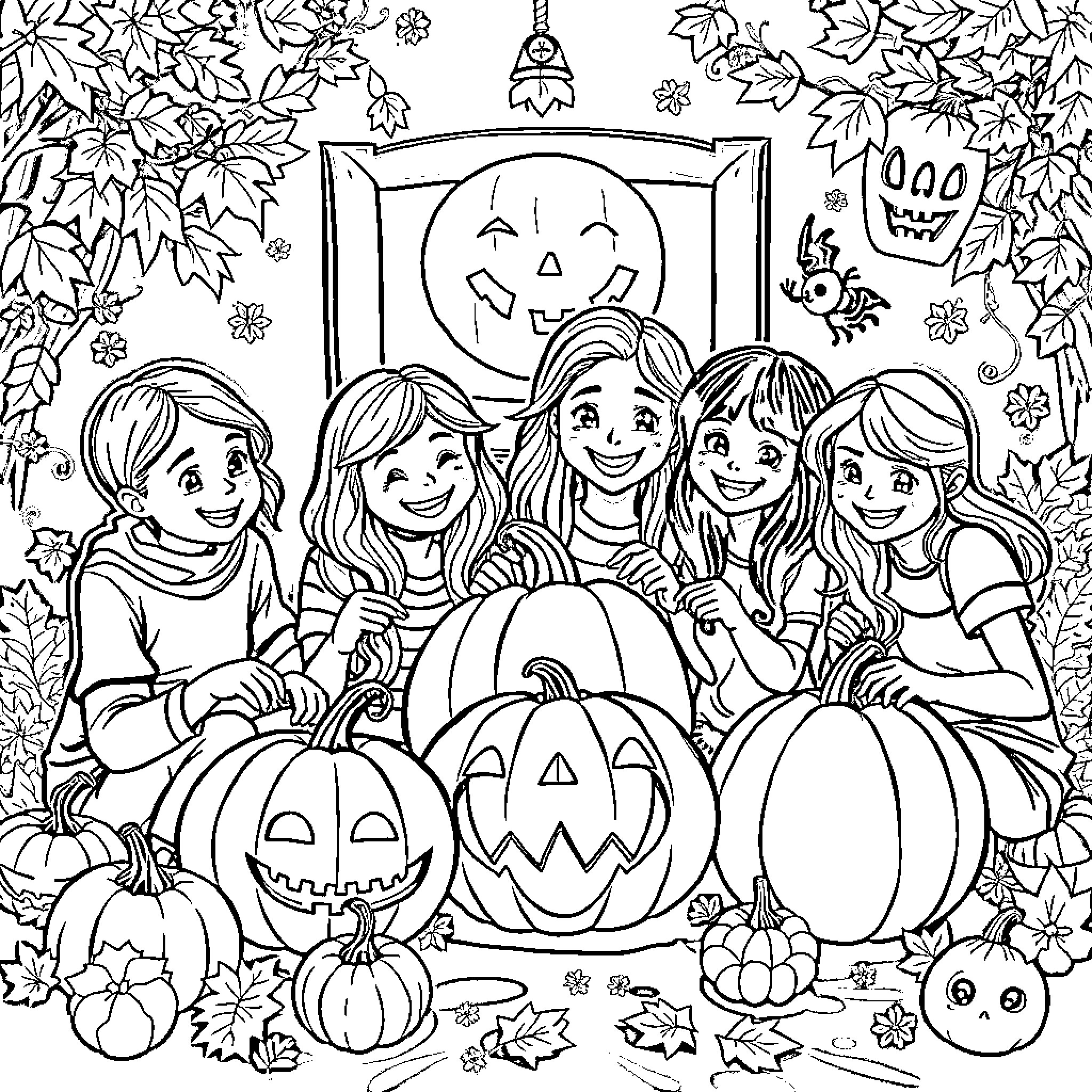 Pumpkin Party with Cheerful Children Coloring Page (free black-and-white line drawing printable PDF for all, from beginners to advanced learners, including children, teens, adults, and seniors)