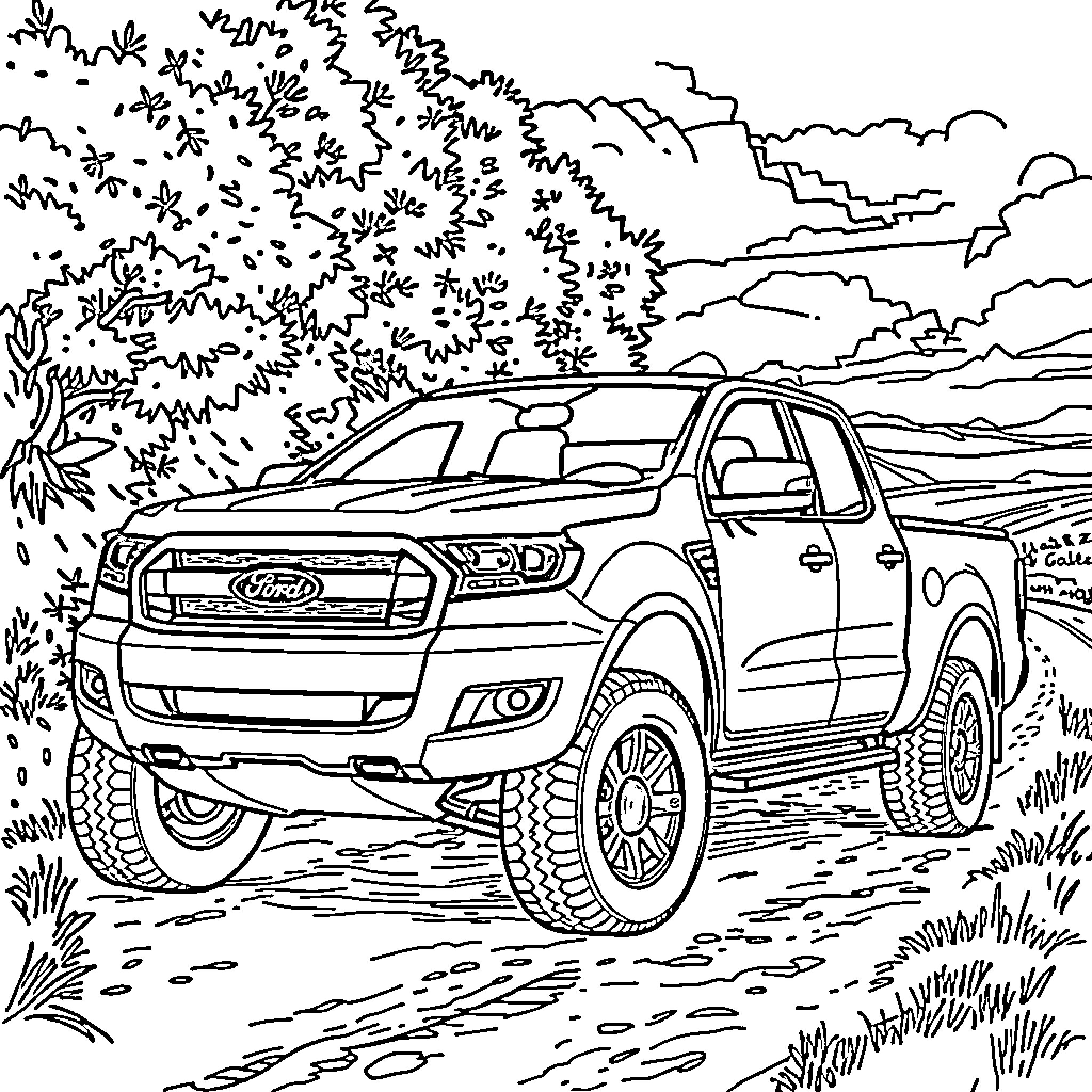 Ford Ranger pickup truck in nature scene Coloring Page (free black-and-white line drawing printable PDF for all, from beginners to advanced learners, including children, teens, adults, and seniors)