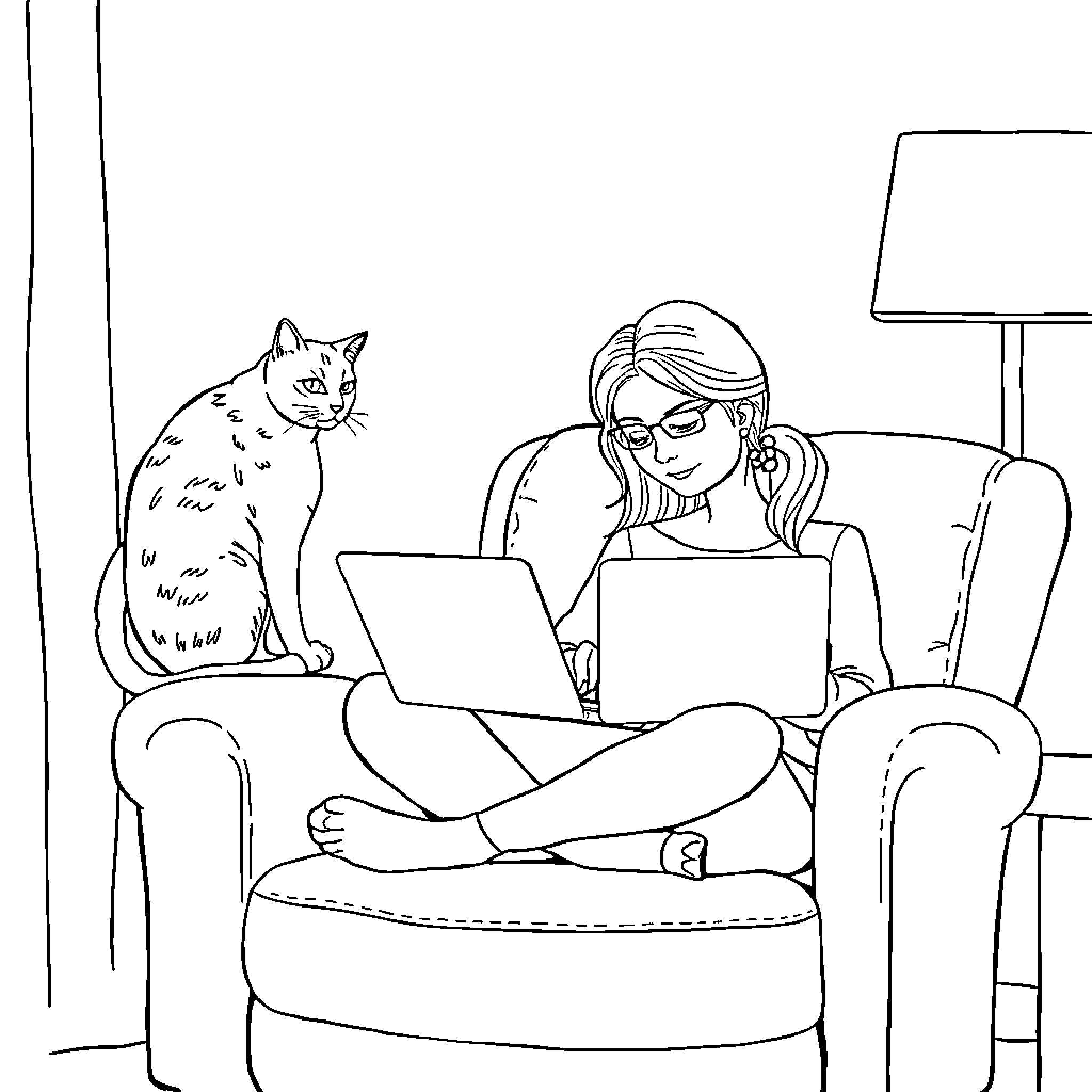 Cat watching person using laptop on chair Coloring Page (free black-and-white line drawing printable PDF for all, from beginners to advanced learners, including children, teens, adults, and seniors)