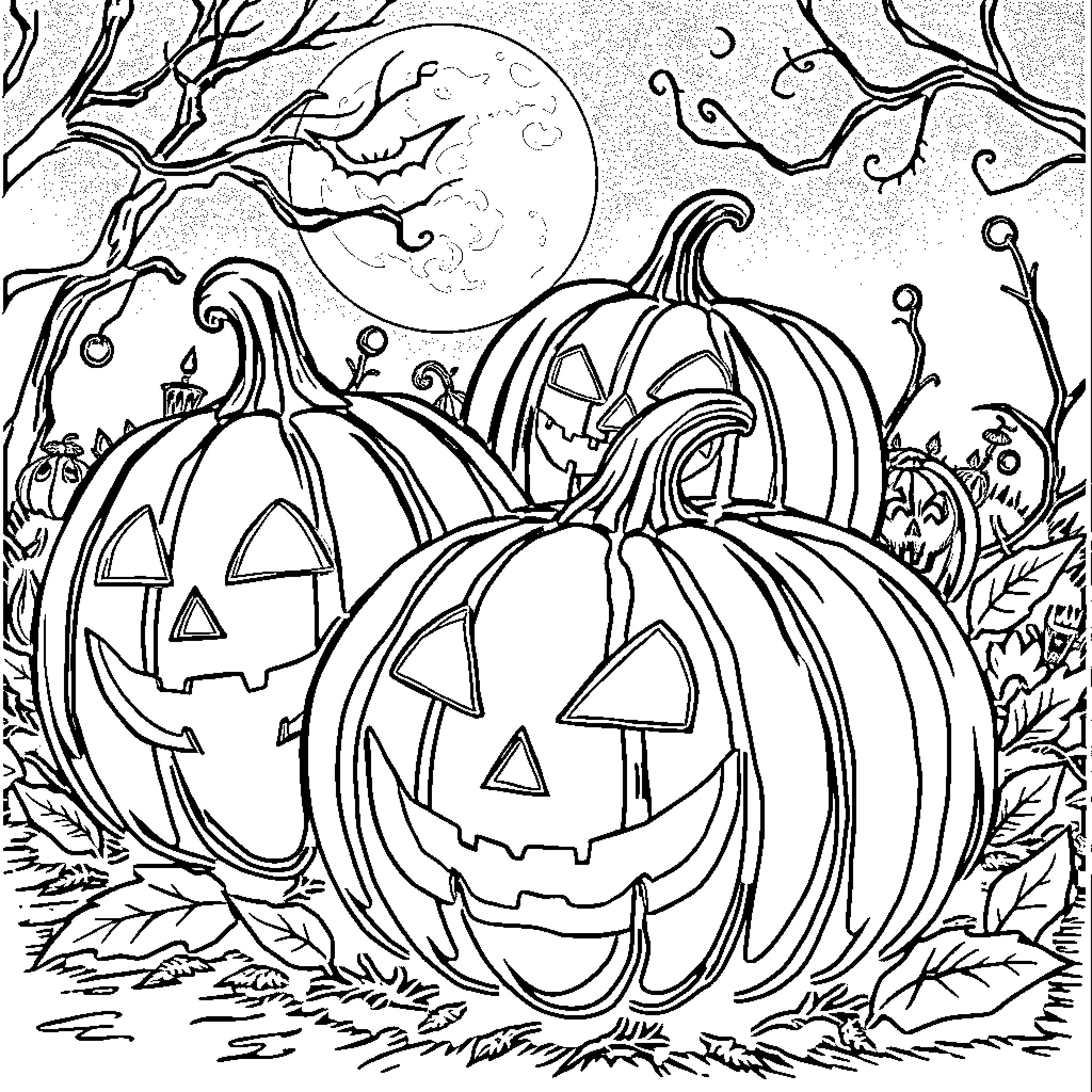 Pumpkins in a Spooky Night Scene Coloring Page (free black-and-white line drawing printable PDF for all, from beginners to advanced learners, including children, teens, adults, and seniors)