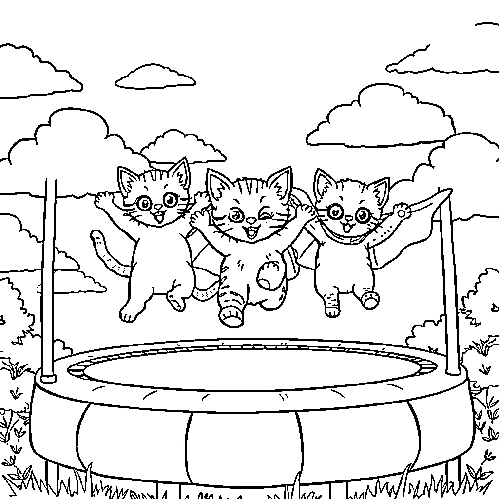 Kitty cats jumping happily on a trampoline Coloring Page (free black-and-white line drawing printable PDF for all, from beginners to advanced learners, including children, teens, adults, and seniors)