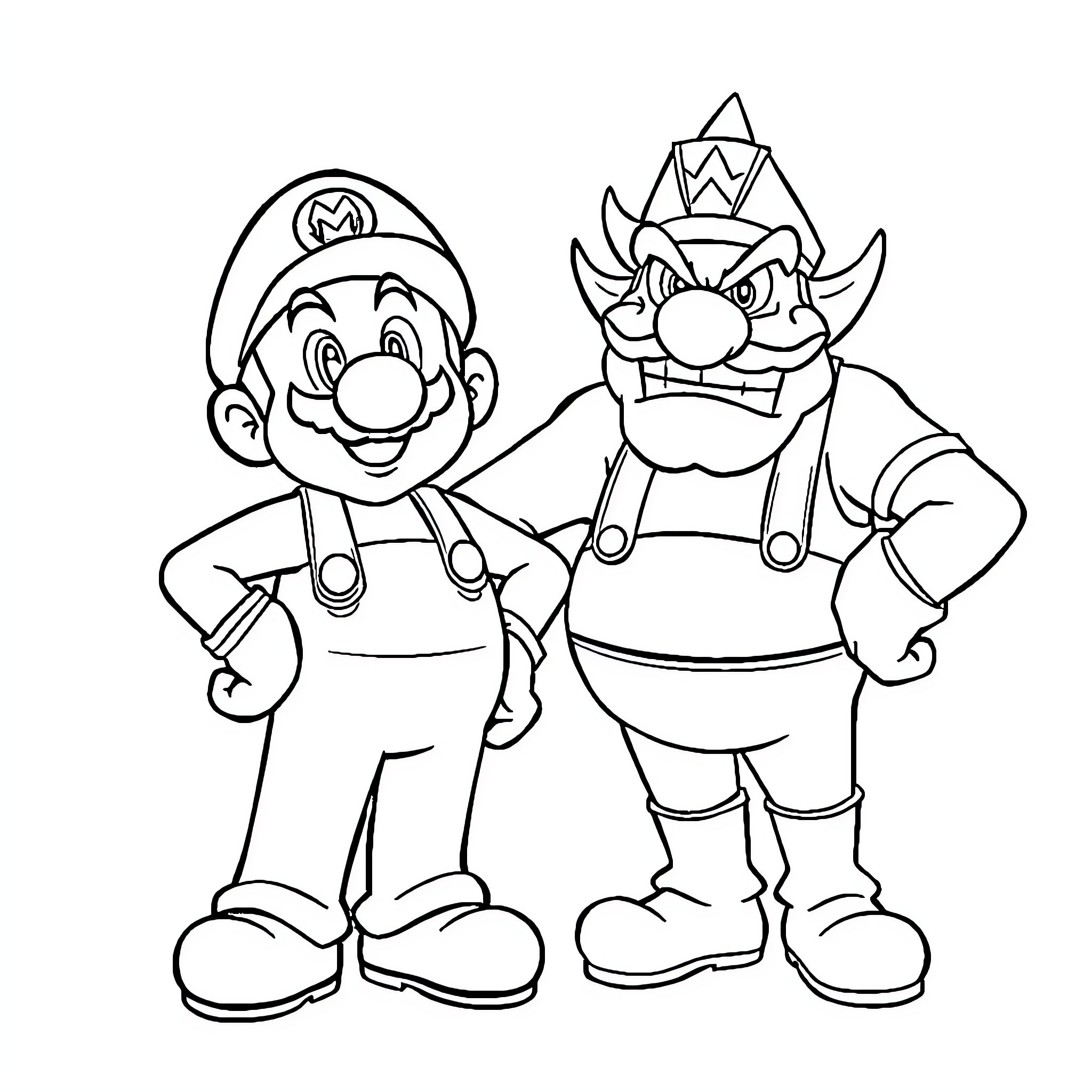 Mario and Wario in Cartoonish Attire Coloring Page (free black-and-white line drawing printable PDF for all, from beginners to advanced learners, including children, teens, adults, and seniors)