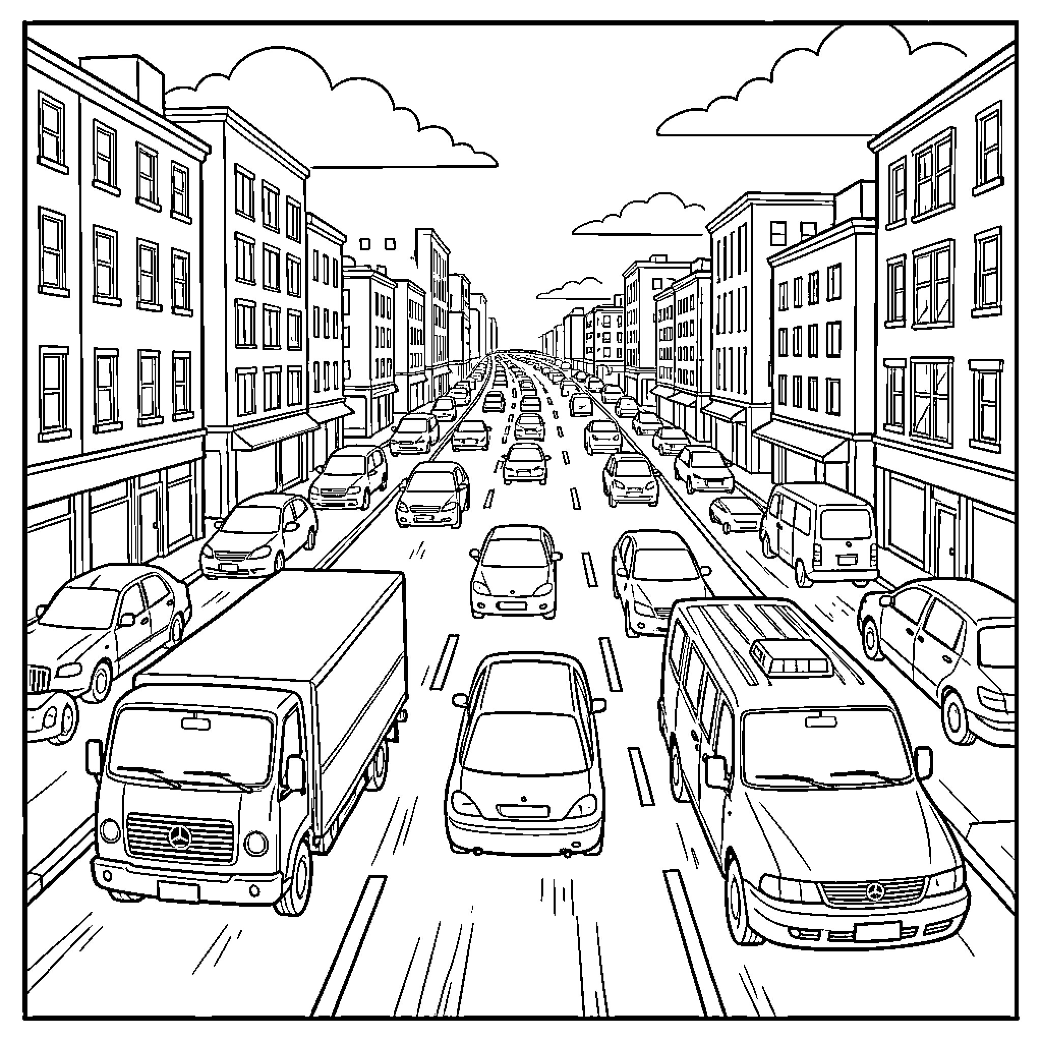 Vehicle driving through a busy city street scene Coloring Page (free black-and-white line drawing printable PDF for all, from beginners to advanced learners, including children, teens, adults, and seniors)