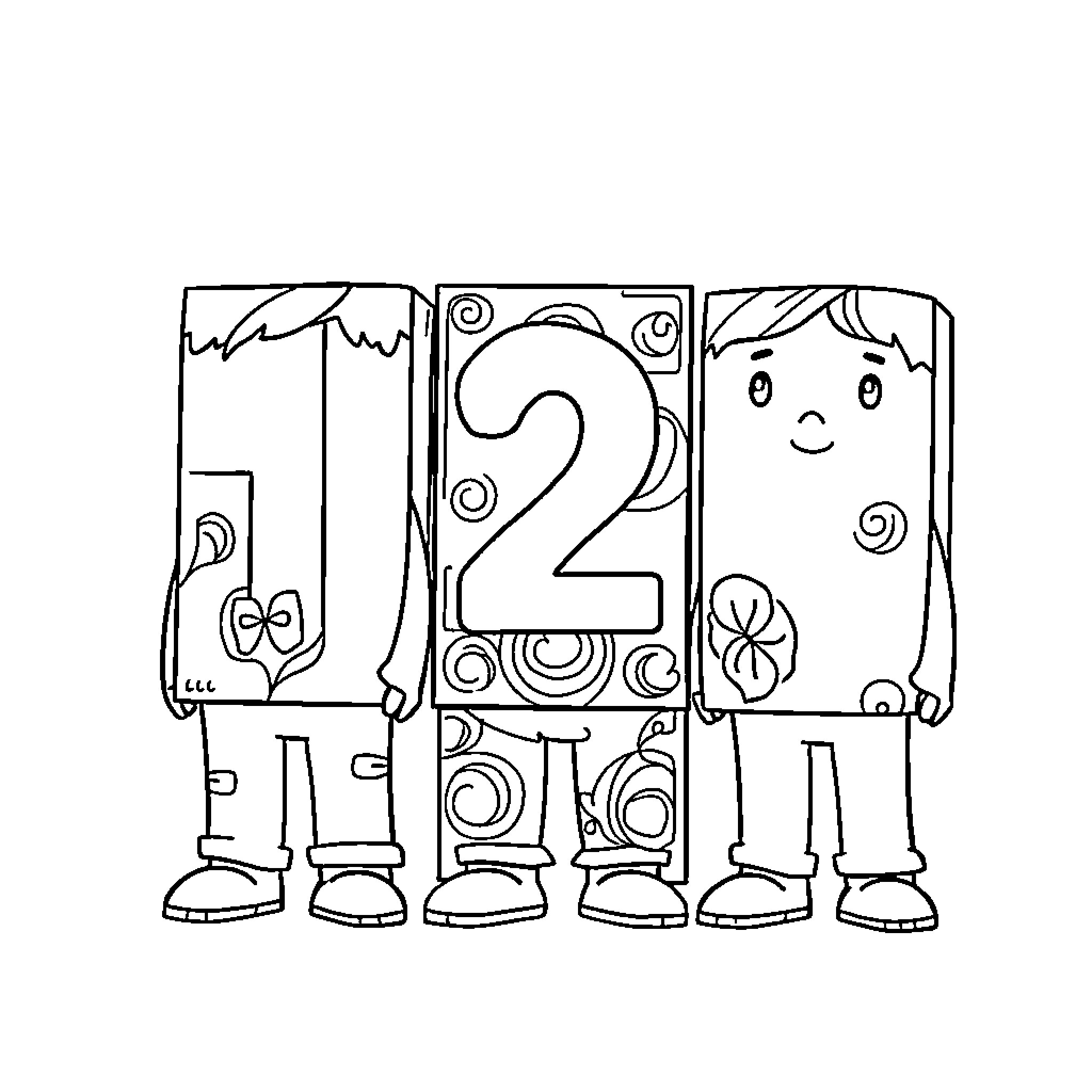 Number Two Cartoon Characters in Childlike Illustration Coloring Page (free black-and-white line drawing printable PDF for all, from beginners to advanced learners, including children, teens, adults, and seniors)