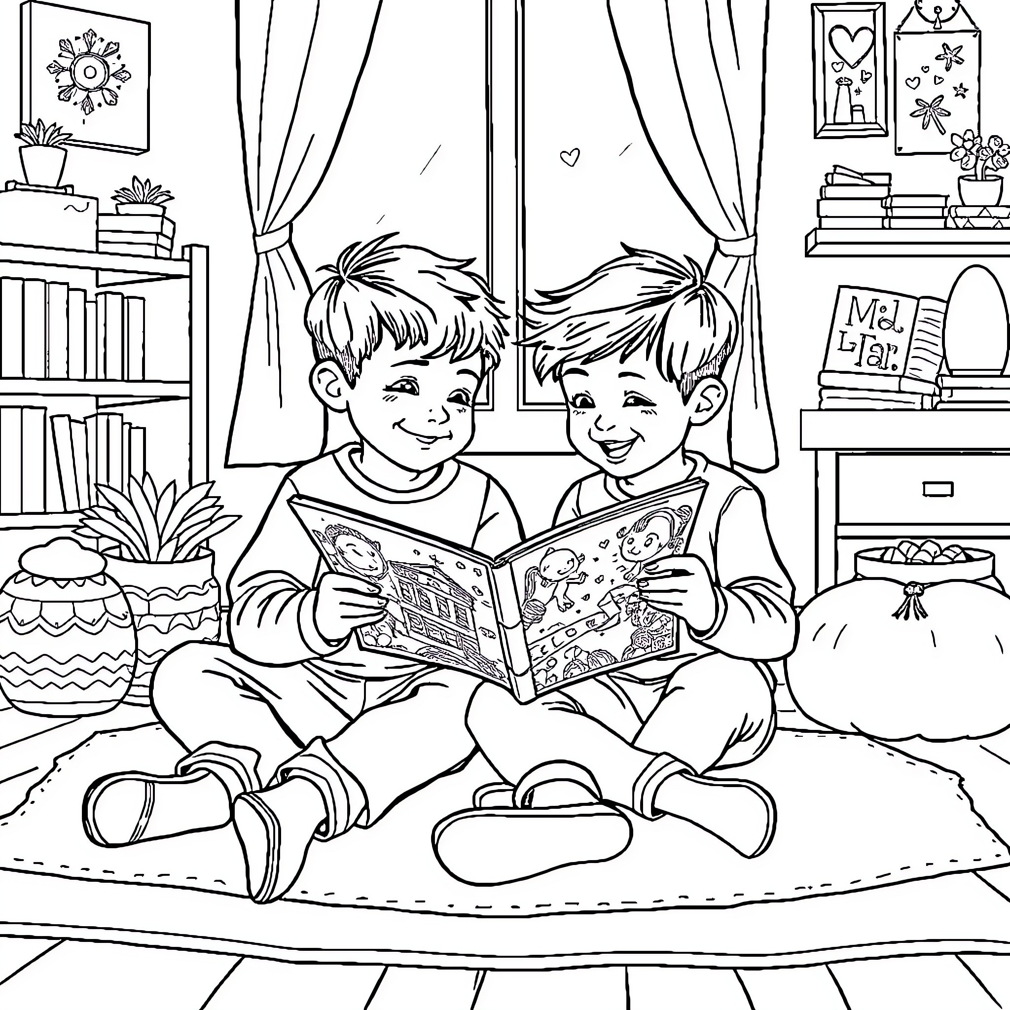 Brother's Cozy Reading Time Coloring Page (free black-and-white line drawing printable PDF for all, from beginners to advanced learners, including children, teens, adults, and seniors)