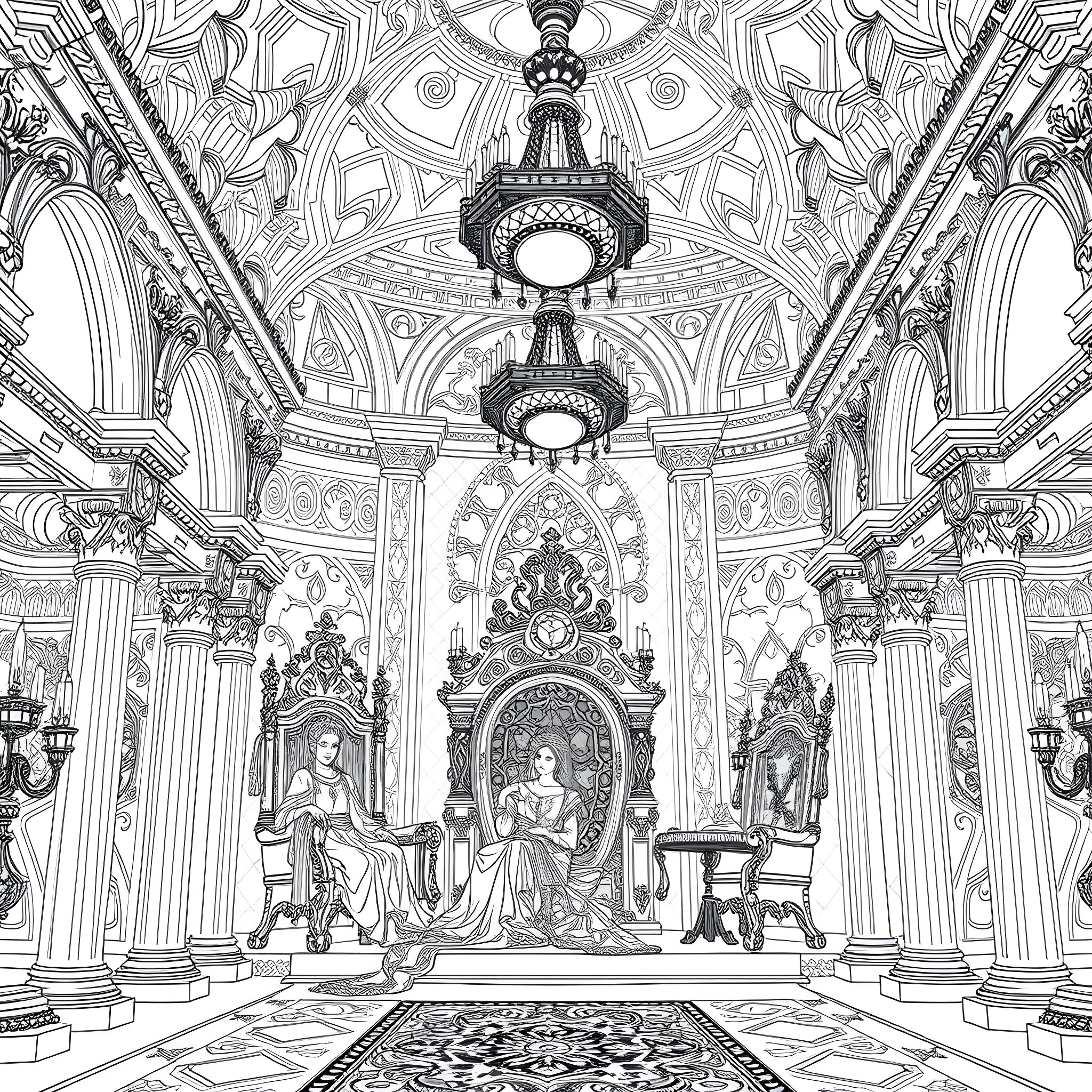 King Queen Sitting Grandly in Ornate Palace Coloring Page (free black-and-white line drawing printable PDF for all, from beginners to advanced learners, including children, teens, adults, and seniors)