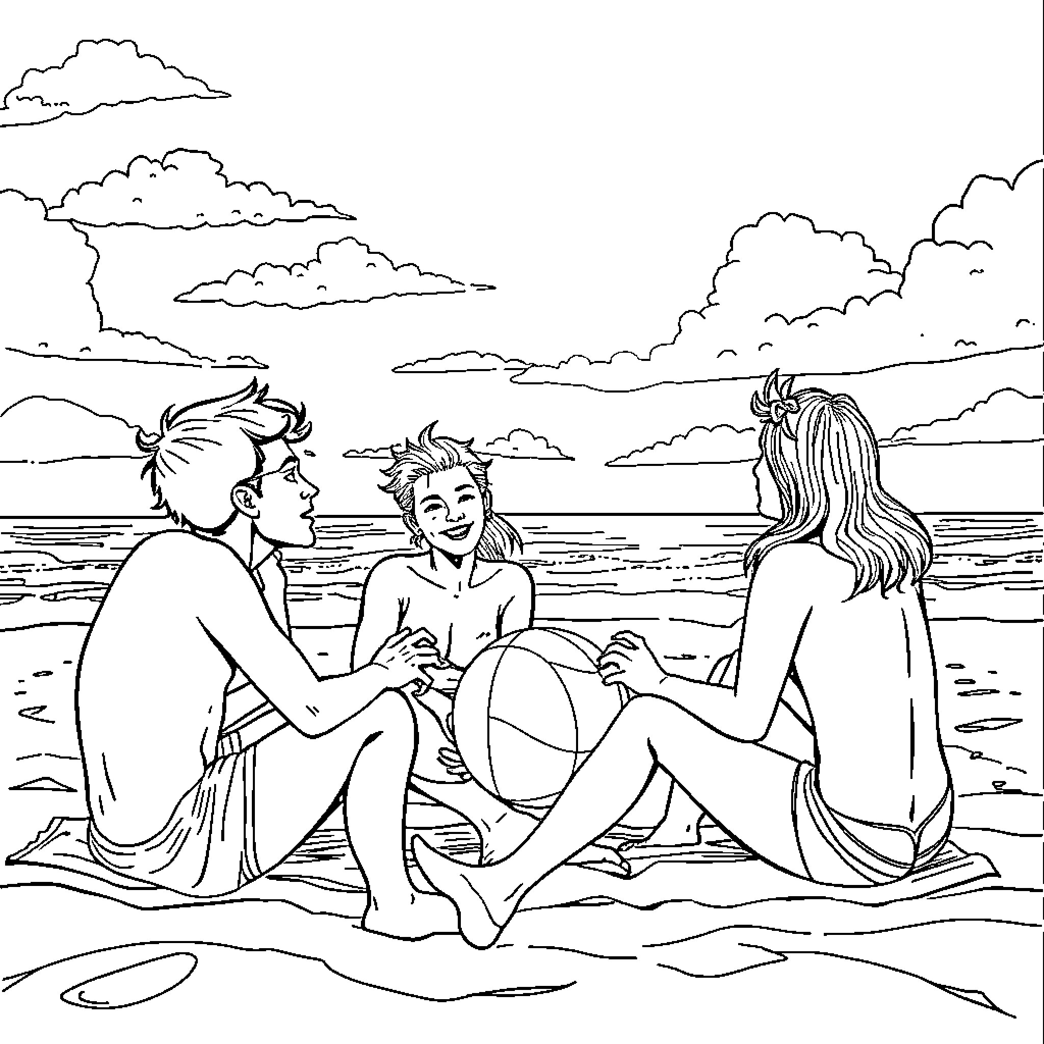 Stumble Guys enjoying a day at the beach Coloring Page (free black-and-white line drawing printable PDF for all, from beginners to advanced learners, including children, teens, adults, and seniors)