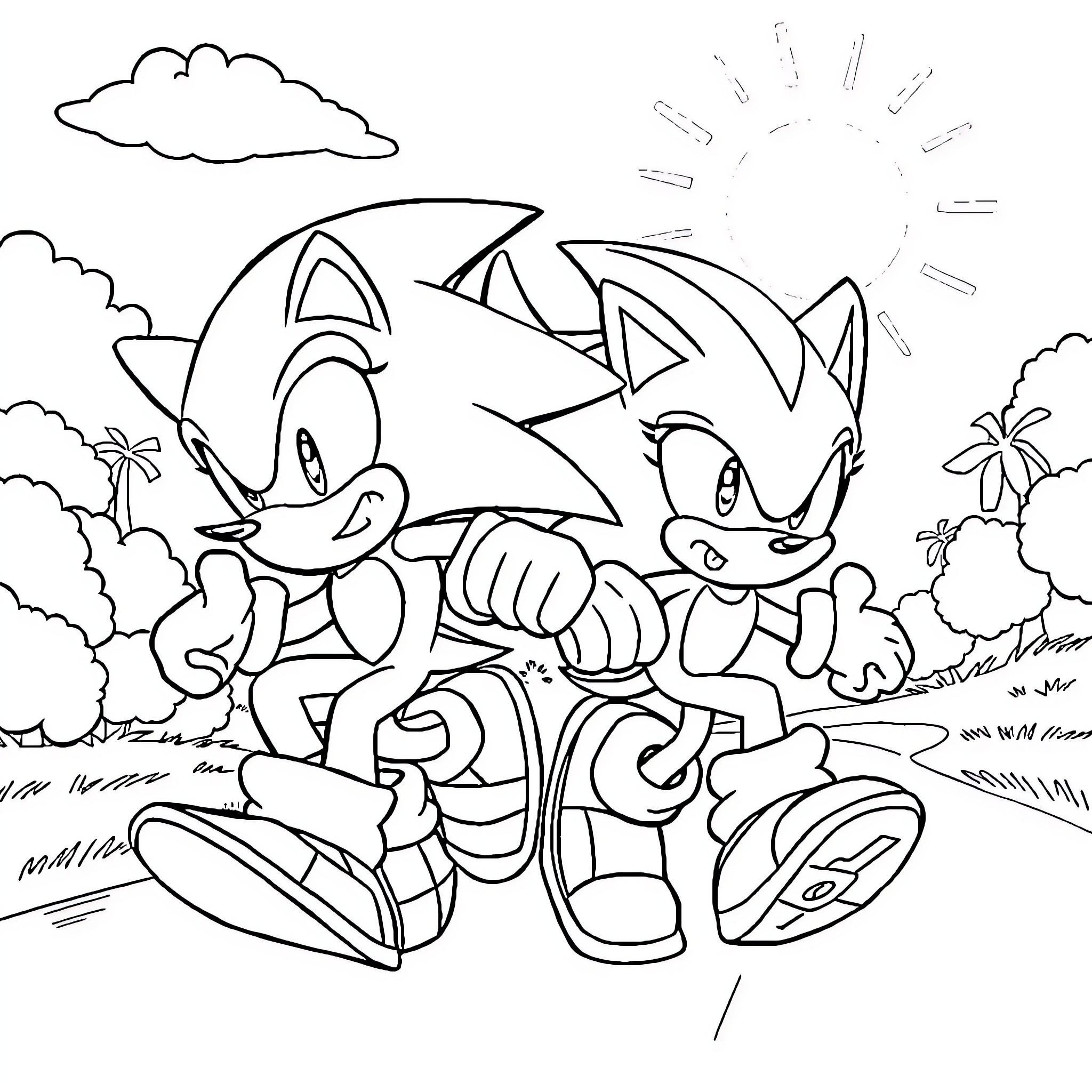 Hedgehogs racing on a sunny landscape Coloring Page (free black-and-white line drawing printable PDF for all, from beginners to advanced learners, including children, teens, adults, and seniors)