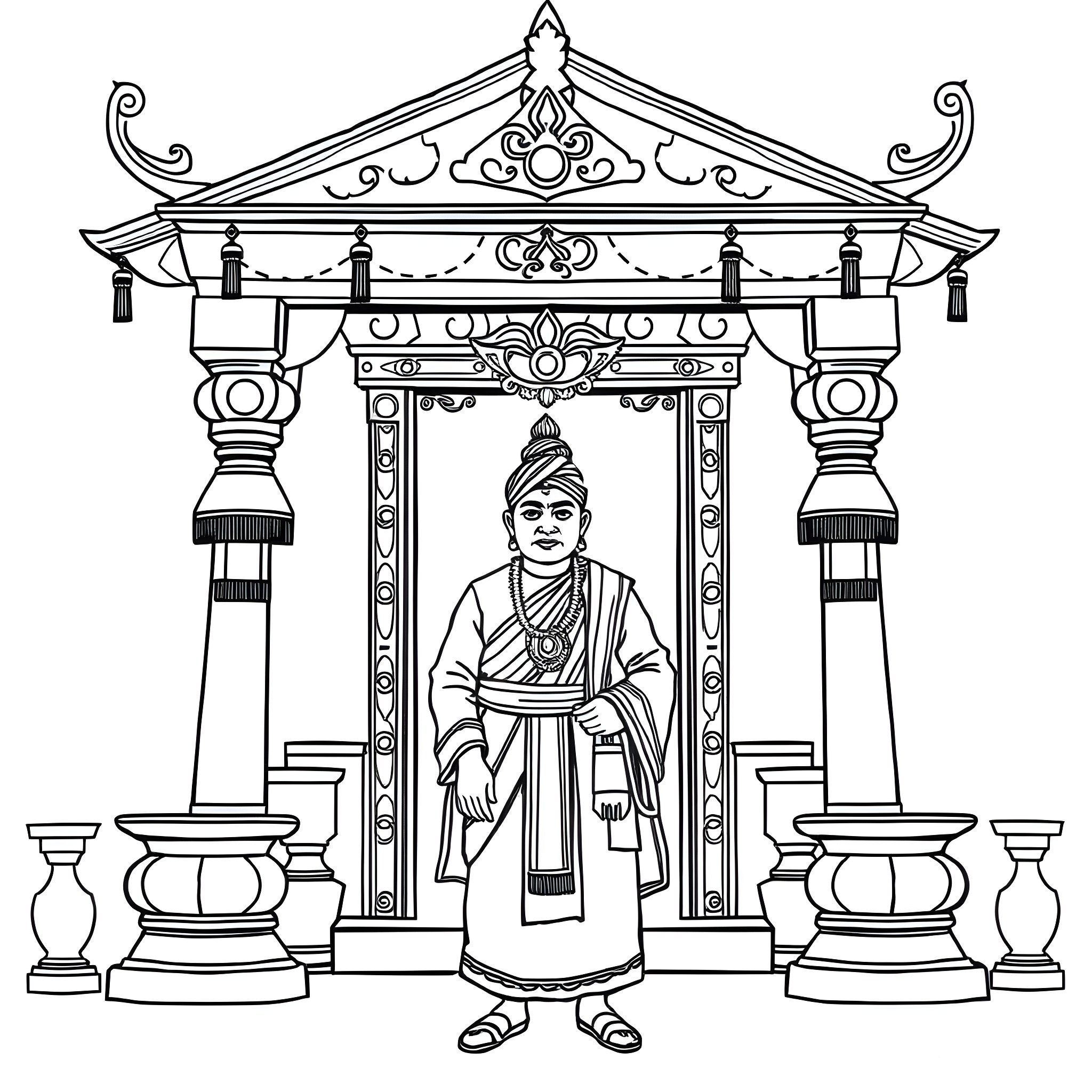 Man sitting in ornate temple pavilion Coloring Page (free black-and-white line drawing printable PDF for all, from beginners to advanced learners, including children, teens, adults, and seniors)