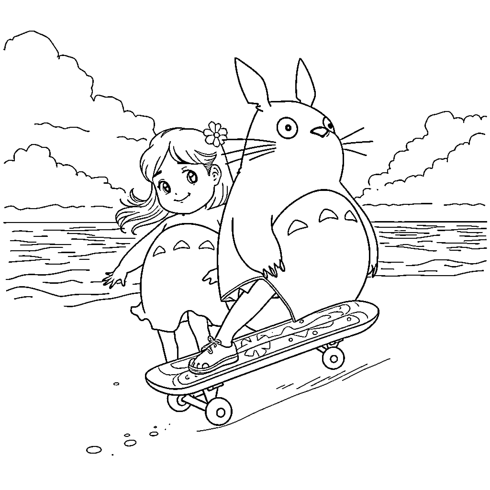 Kiki rides Totoro on a skateboard Coloring Page (free black-and-white line drawing printable PDF for all, from beginners to advanced learners, including children, teens, adults, and seniors)