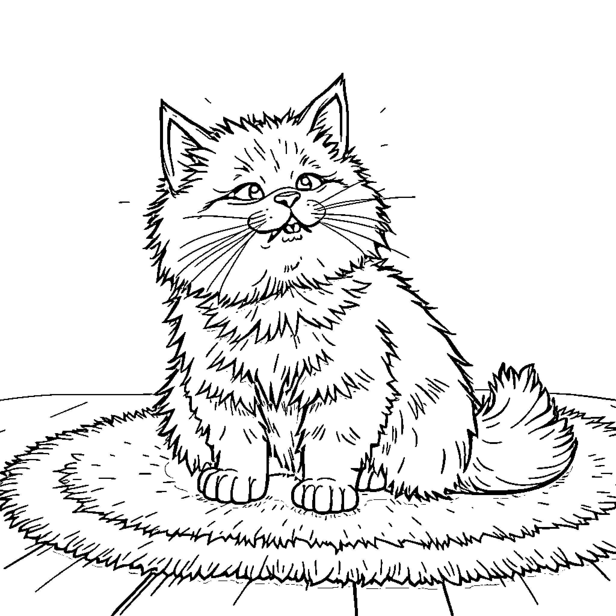 Cat contemplating in the meadow Coloring Page (free black-and-white line drawing printable PDF for all, from beginners to advanced learners, including children, teens, adults, and seniors)