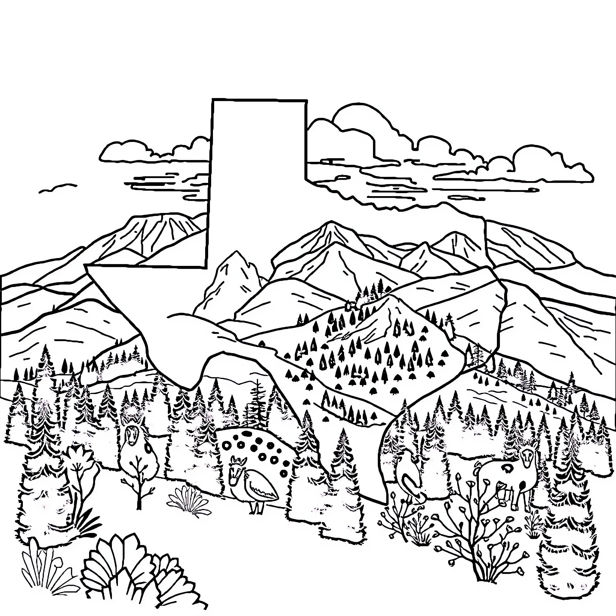 Texas Landscape with Mountains and Forests Coloring Page (free black-and-white line drawing printable PDF for all, from beginners to advanced learners, including children, teens, adults, and seniors)