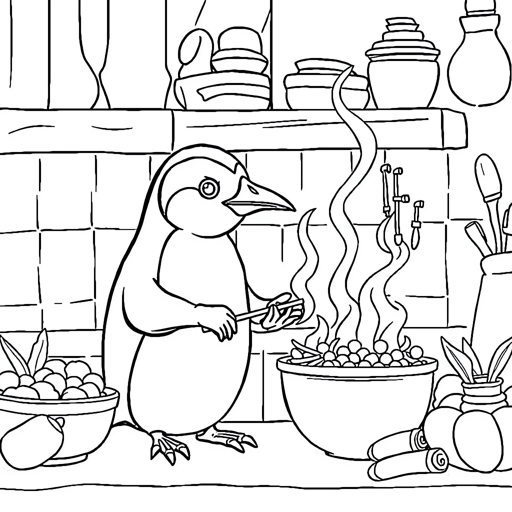 Penguin cooking a meal in the kitchen Coloring Page (free black-and-white line drawing printable PDF for all, from beginners to advanced learners, including children, teens, adults, and seniors)
