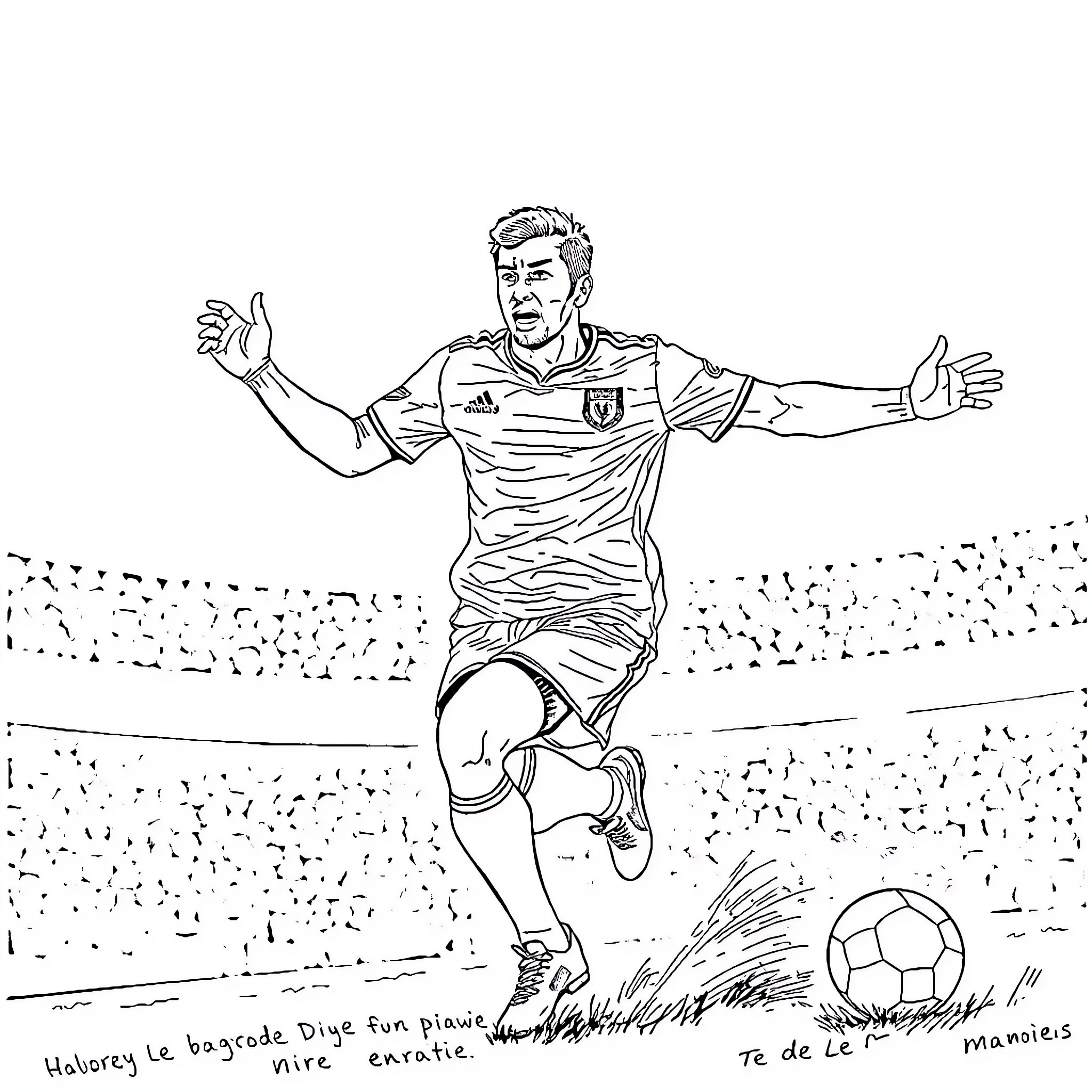 Football Player Celebrates Goal on the Field Coloring Page (free black-and-white line drawing printable PDF for all, from beginners to advanced learners, including children, teens, adults, and seniors)