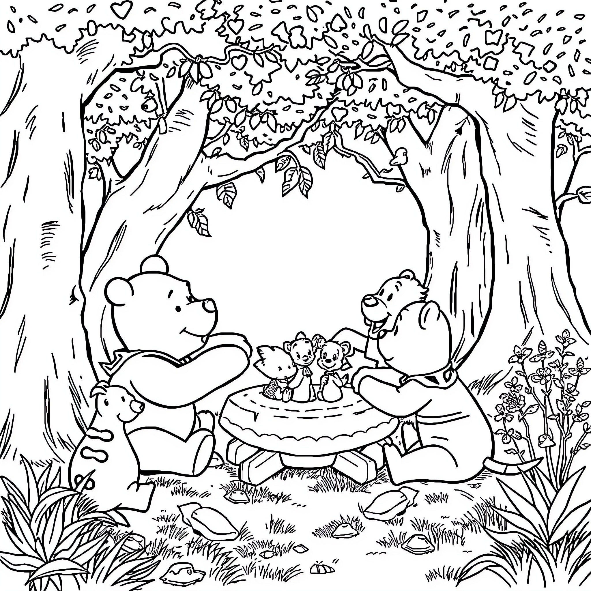 Winnie The Pooh and friends picnicking in the forest Coloring Page (free black-and-white line drawing printable PDF for all, from beginners to advanced learners, including children, teens, adults, and seniors)