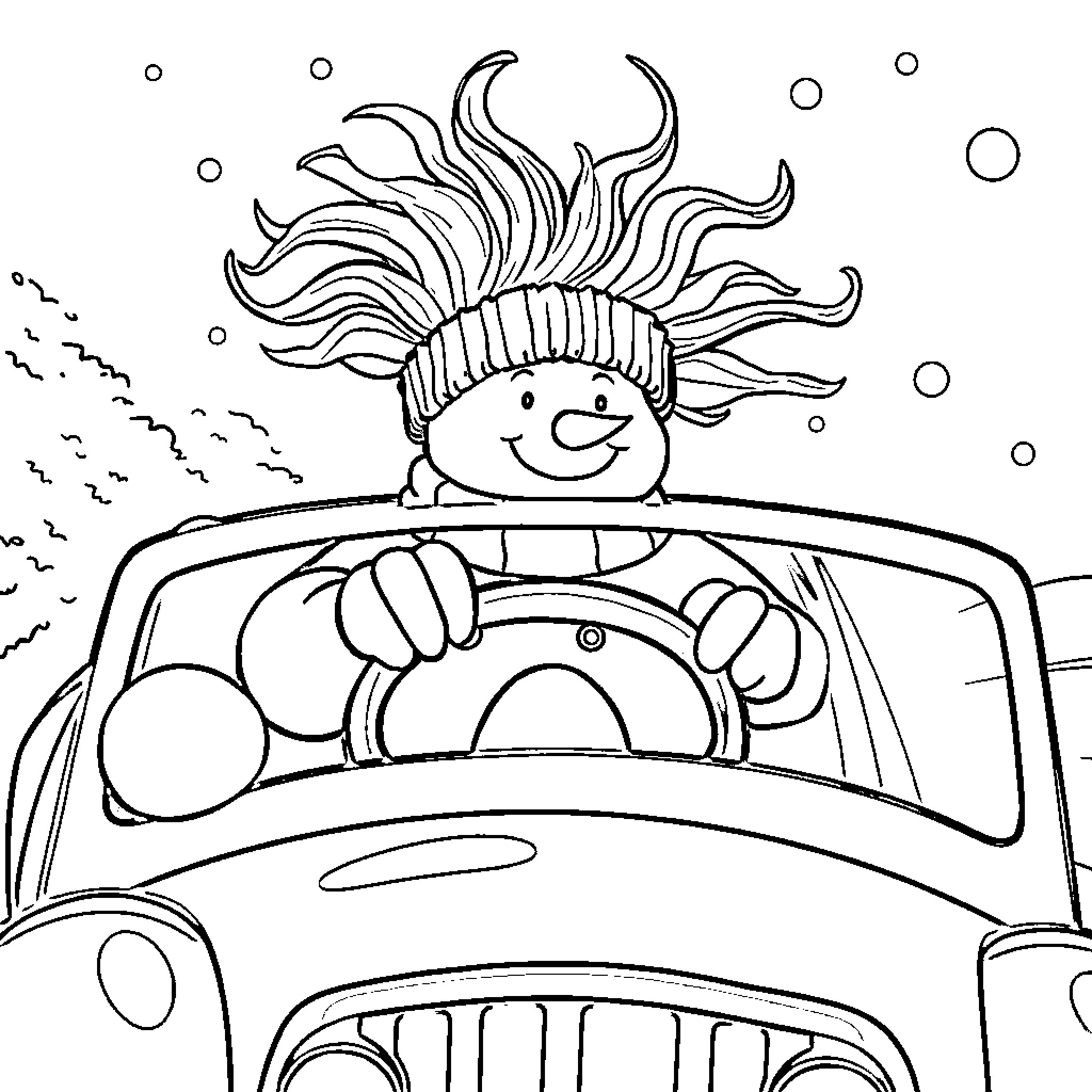 Bonhomme de Neige driving a car with excitement Coloring Page (free black-and-white line drawing printable PDF for all, from beginners to advanced learners, including children, teens, adults, and seniors)