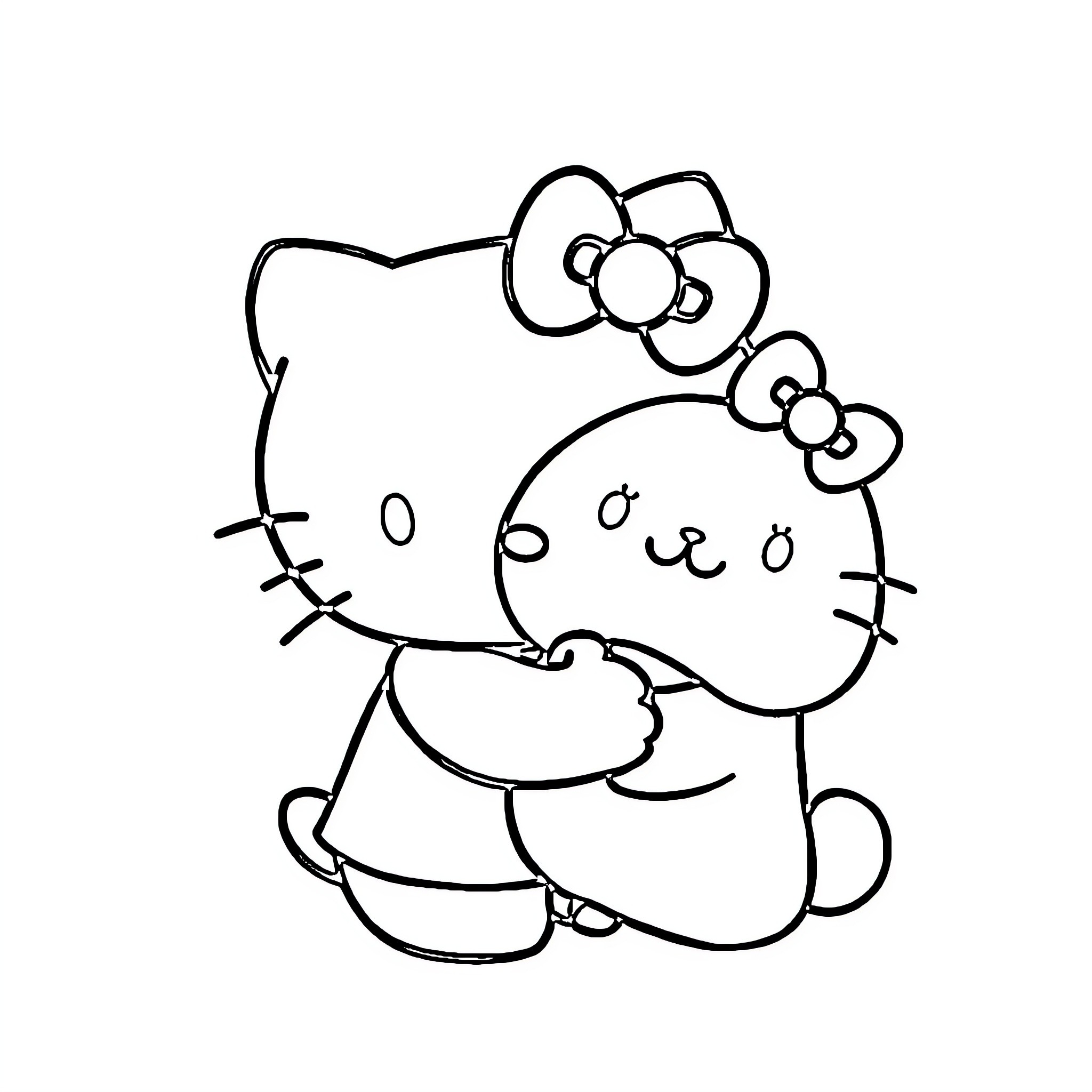 Hello Kitty in a cute pose Coloring Page (free black-and-white line drawing printable PDF for all, from beginners to advanced learners, including children, teens, adults, and seniors)