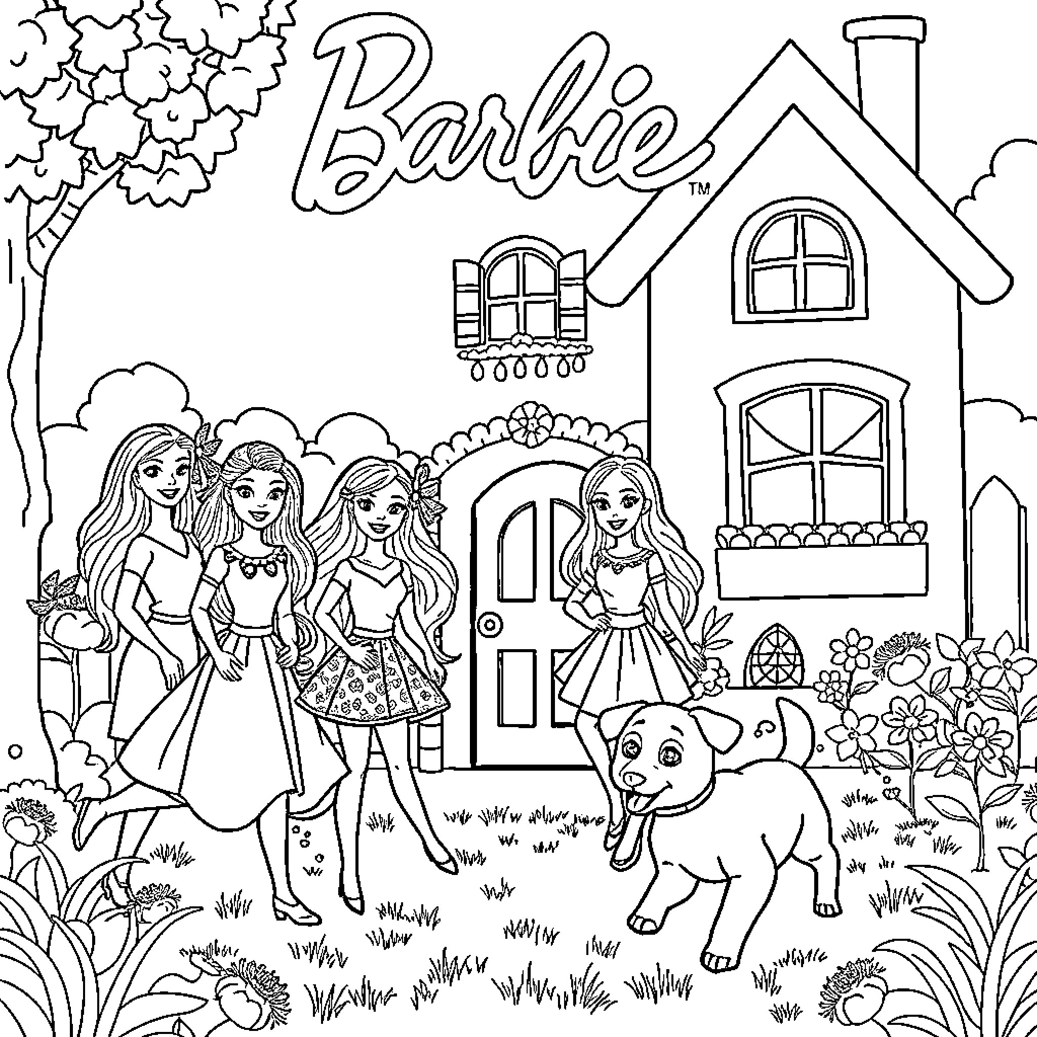 Barbie and Friends Enjoying a Day at the Cottage Coloring Page (free black-and-white line drawing printable PDF for all, from beginners to advanced learners, including children, teens, adults, and seniors)