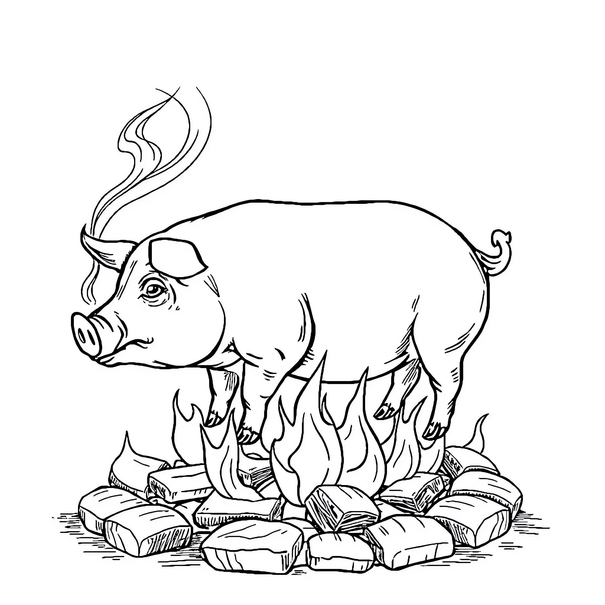 Pig enjoying a cozy campfire Coloring Page (free black-and-white line drawing printable PDF for all, from beginners to advanced learners, including children, teens, adults, and seniors)