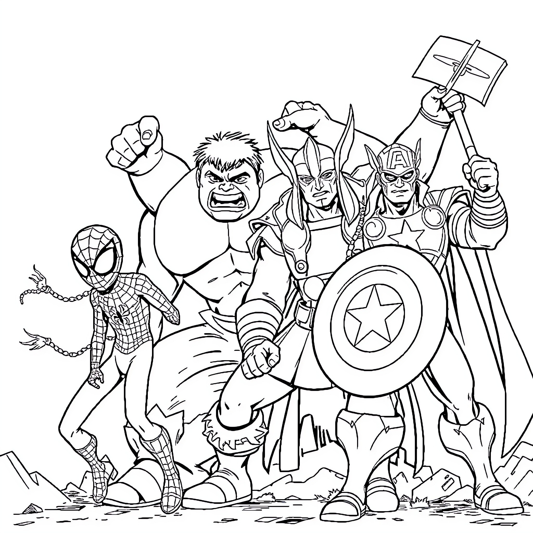 Superhero team battling together in action-packed scene Coloring Page (free black-and-white line drawing printable PDF for all, from beginners to advanced learners, including children, teens, adults, and seniors)