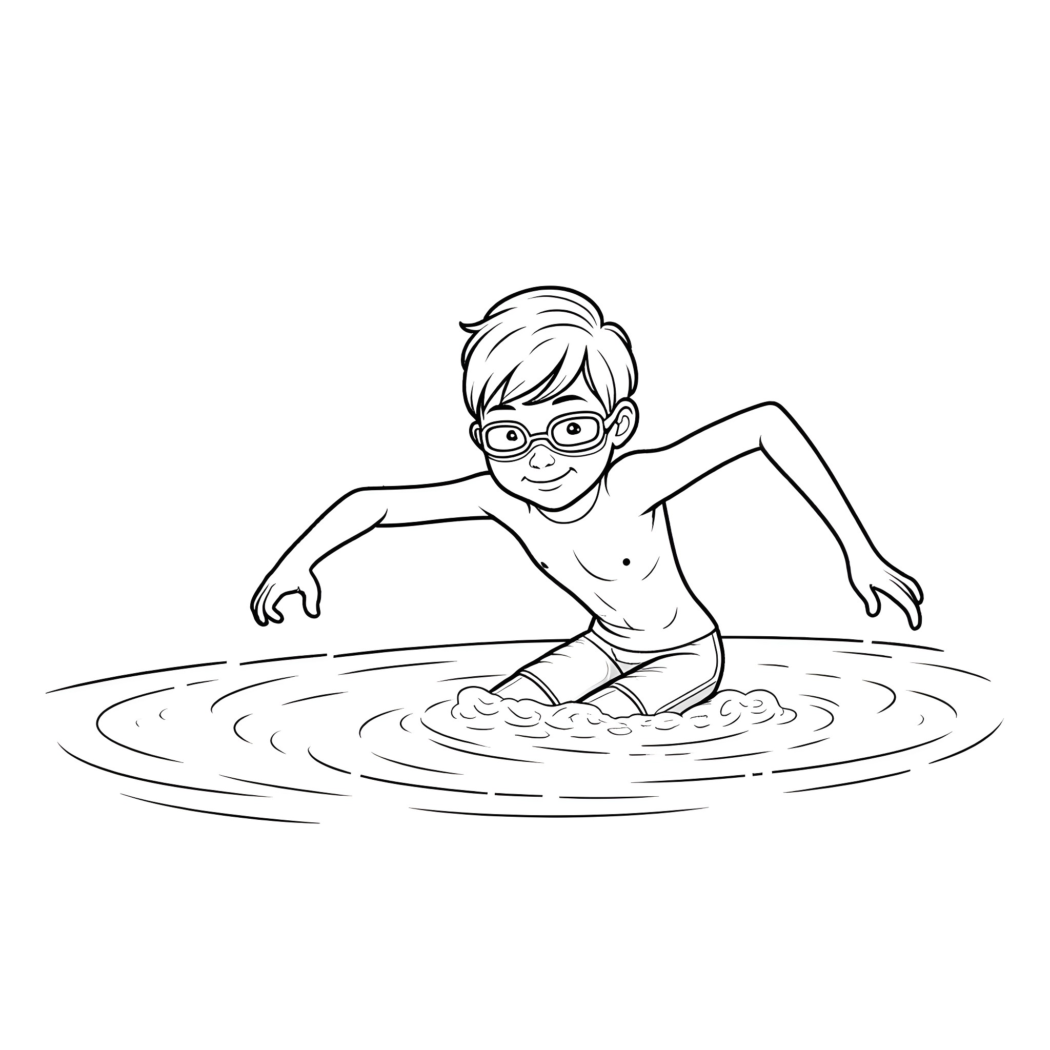 Boy swimming happily in the water Coloring Page (free black-and-white line drawing printable PDF for all, from beginners to advanced learners, including children, teens, adults, and seniors)