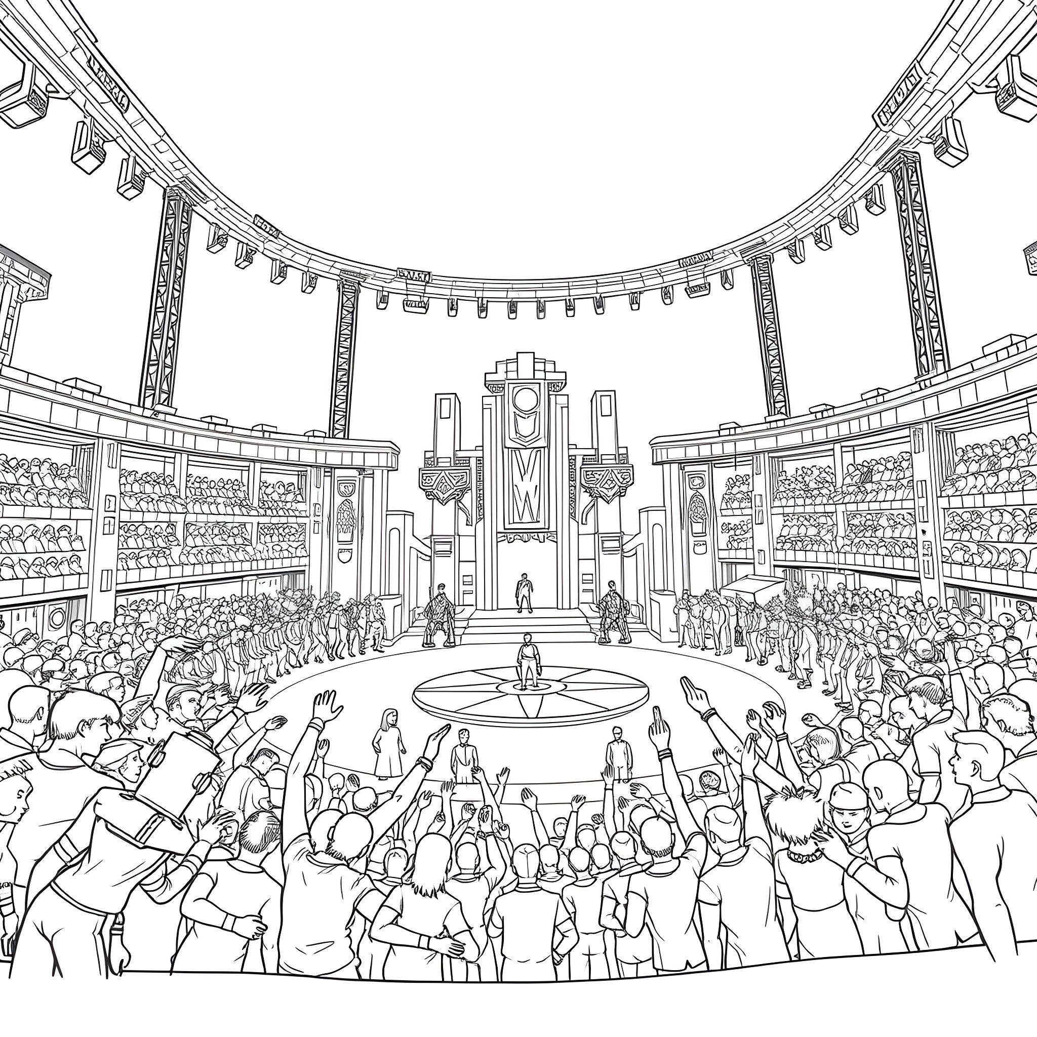 Squid Game - Participants in Dramatic Arena Competition Coloring Page (free black-and-white line drawing printable PDF for all, from beginners to advanced learners, including children, teens, adults, and seniors)