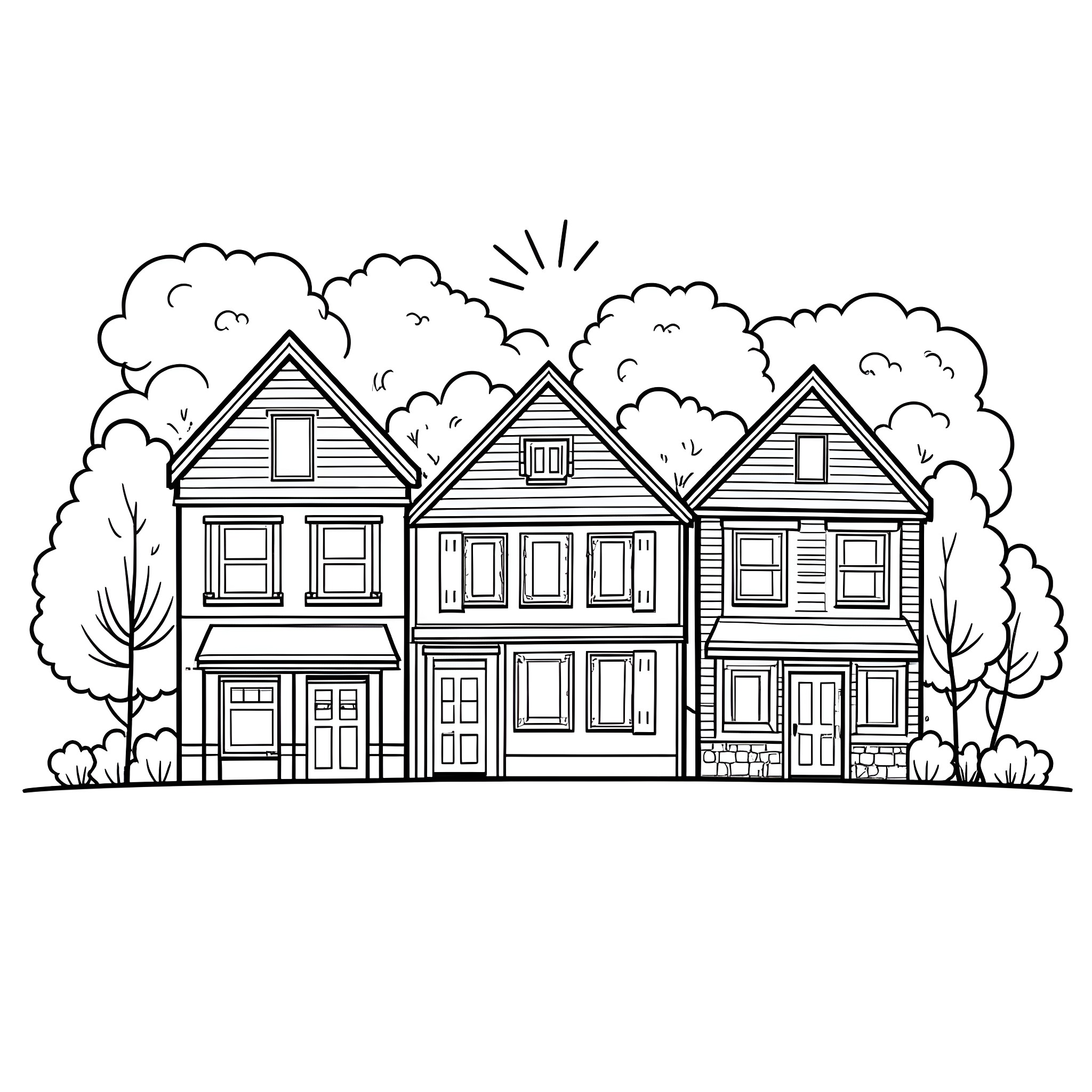 Berlin neighborhood of traditional houses and trees Coloring Page (free black-and-white line drawing printable PDF for all, from beginners to advanced learners, including children, teens, adults, and seniors)