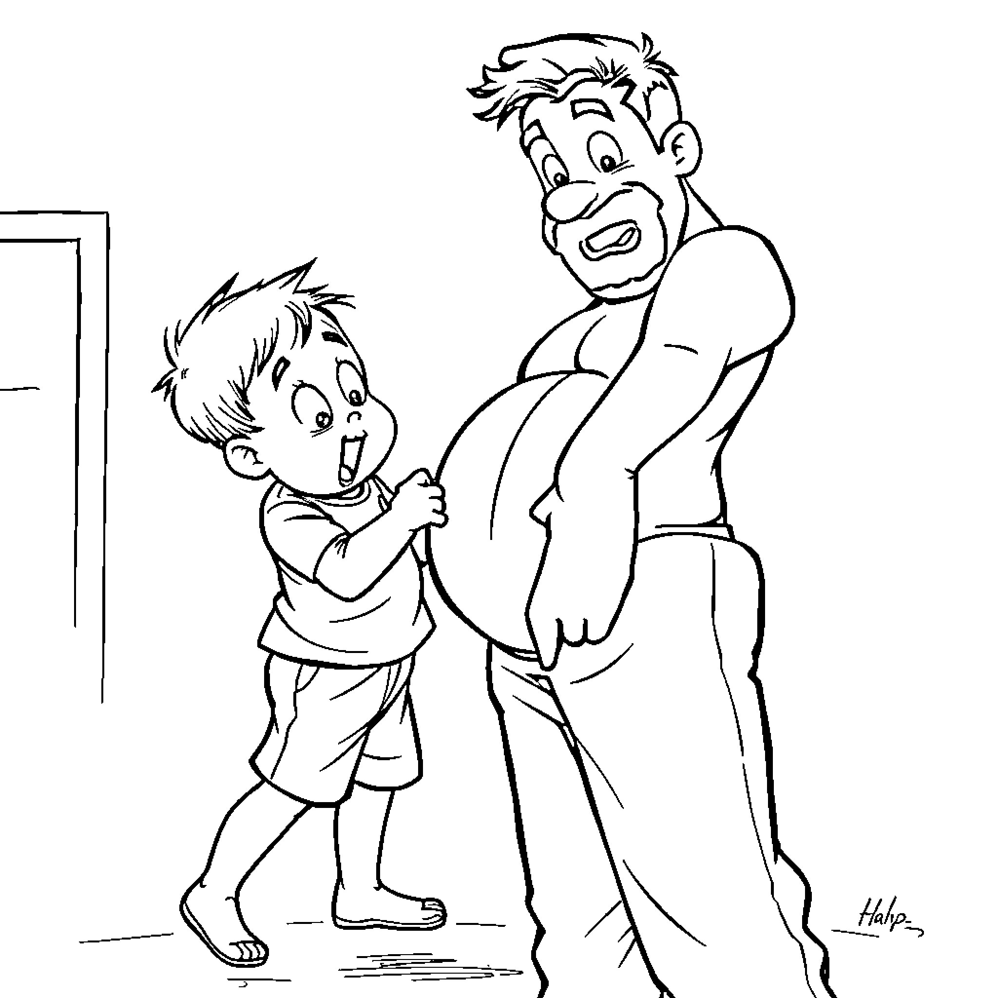 Child helping another child tie their shoes Coloring Page (free black-and-white line drawing printable PDF for all, from beginners to advanced learners, including children, teens, adults, and seniors)