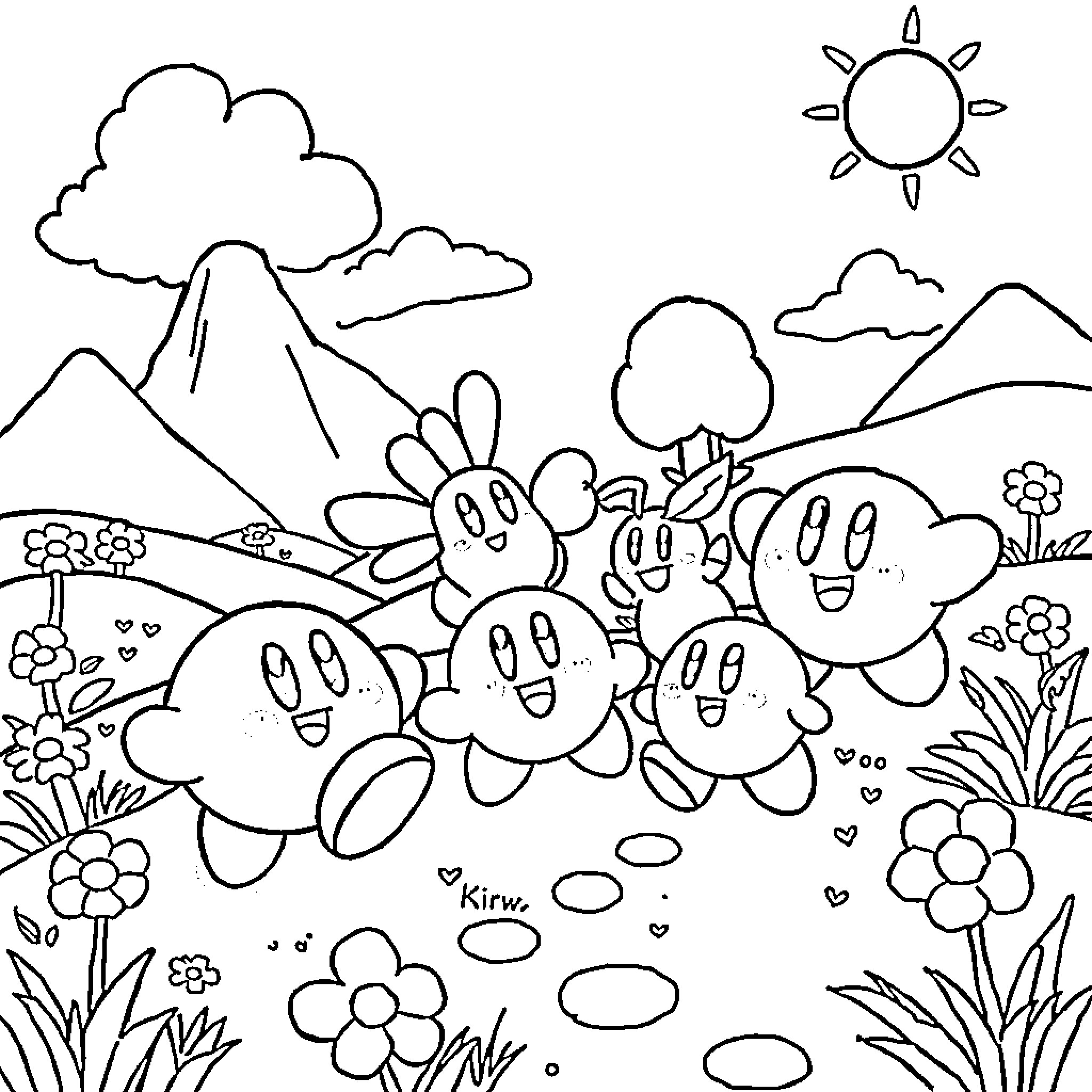 Kirby and friends enjoying a nature scene Coloring Page (free black-and-white line drawing printable PDF for all, from beginners to advanced learners, including children, teens, adults, and seniors)