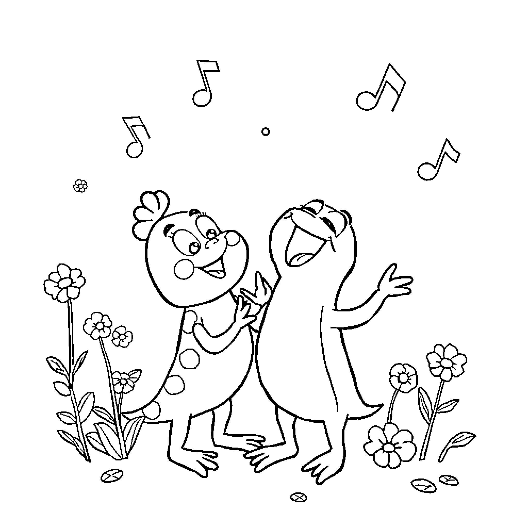 Plim Plim: Joyful Dancing Creatures in Flowery Meadow Coloring Page (free black-and-white line drawing printable PDF for all, from beginners to advanced learners, including children, teens, adults, and seniors)