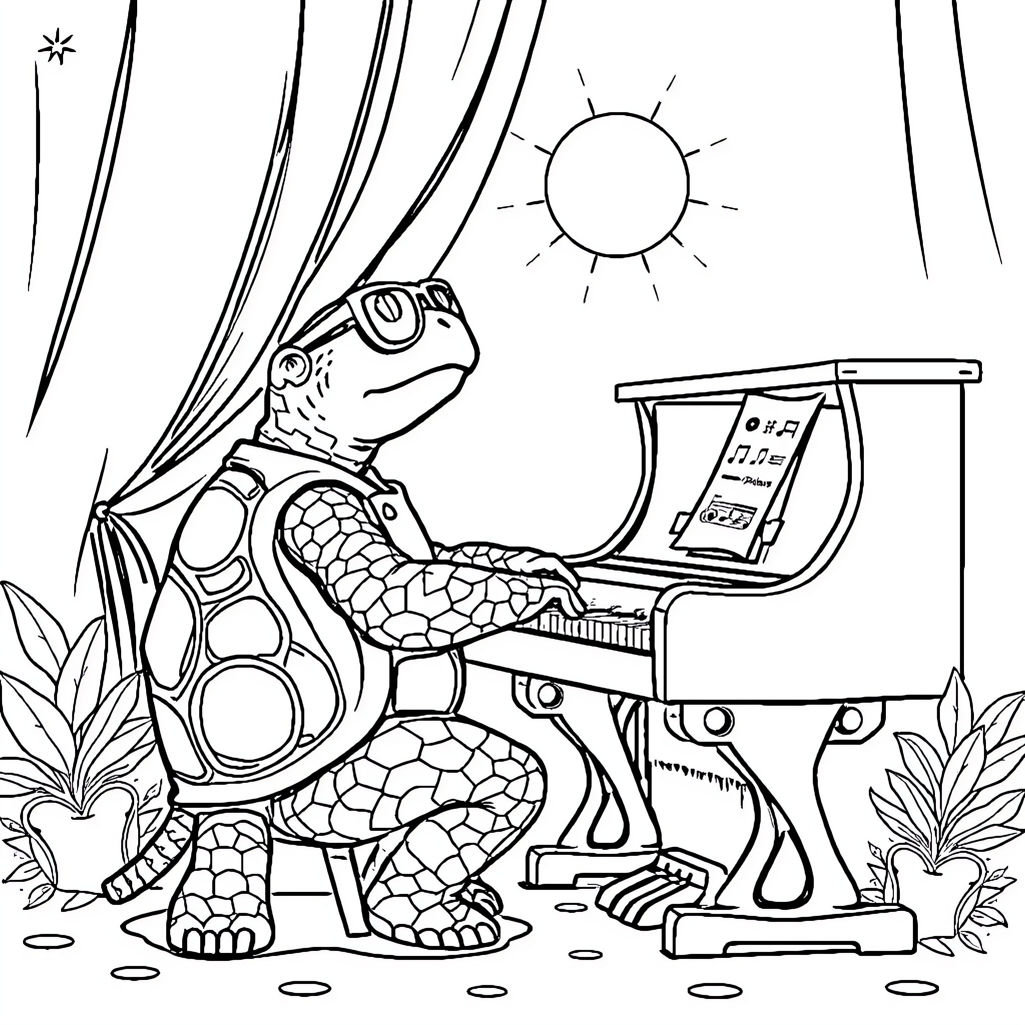 Turtle typing at a desk in the sun Coloring Page (free black-and-white line drawing printable PDF for all, from beginners to advanced learners, including children, teens, adults, and seniors)
